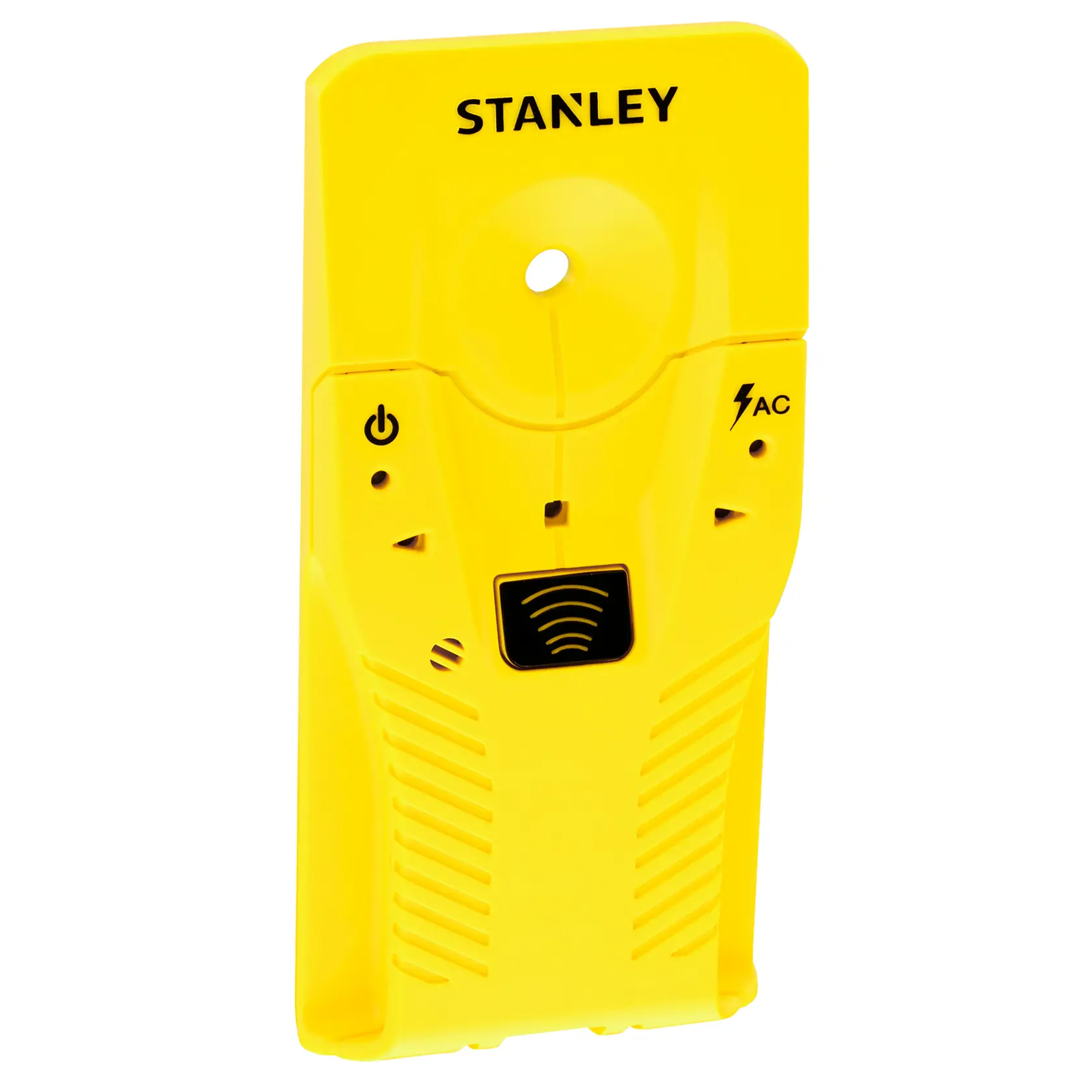 Photo of STANLEY STHT77587-0 yellow stud finder with power and AC detection buttons, shown on white background.