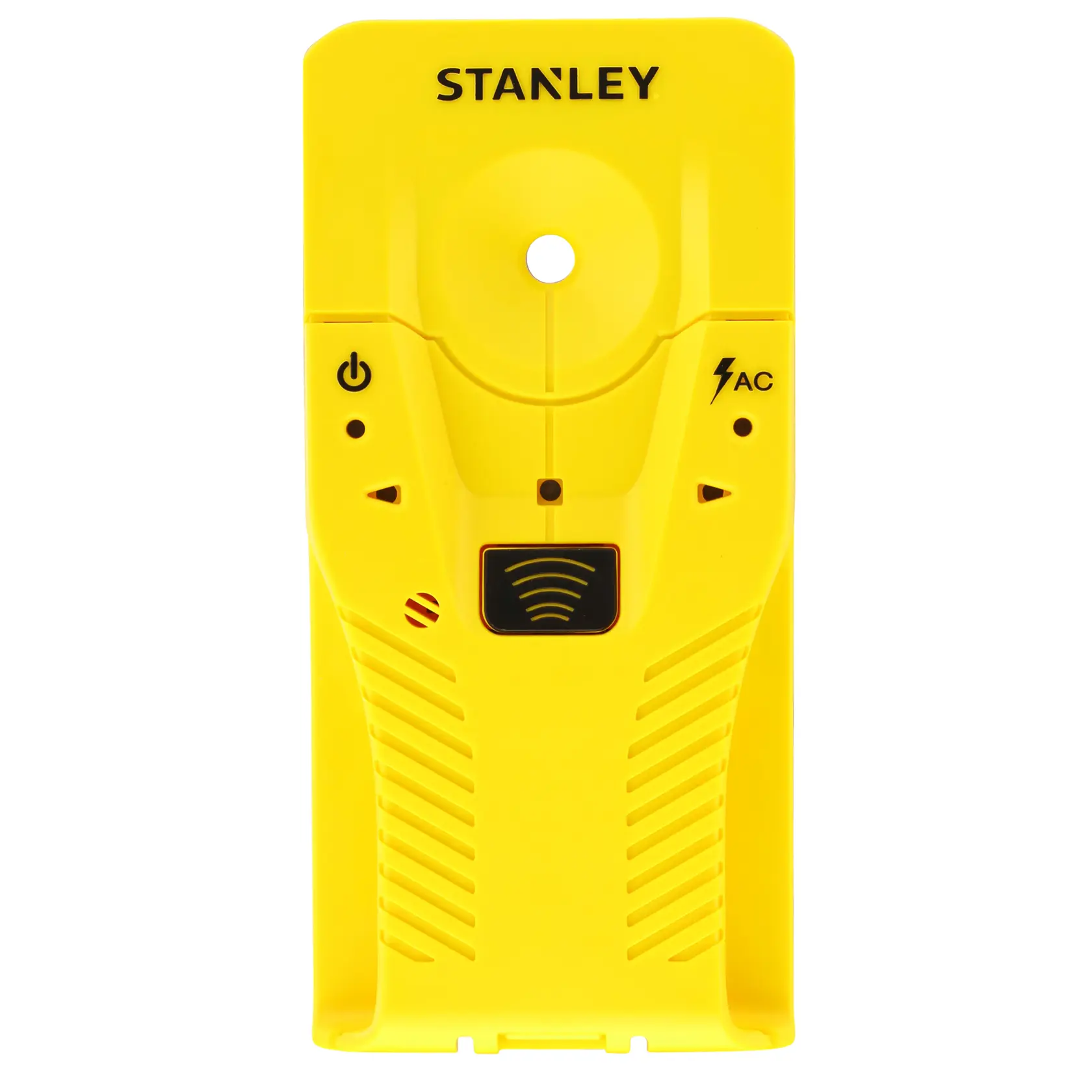 STANLEY STHT77587-0 yellow stud finder, front view with buttons and symbols visible.