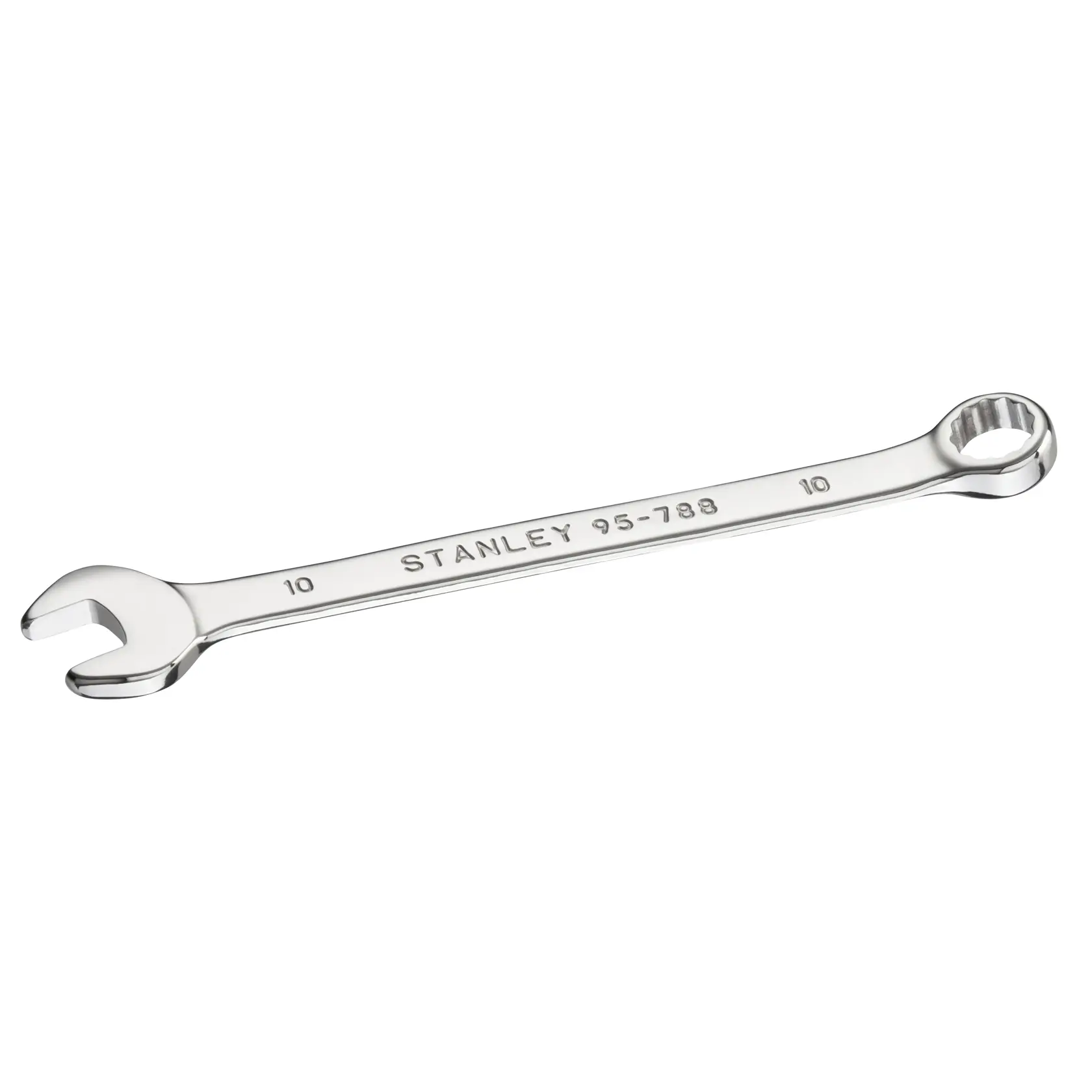 Photo of STANLEY STMT95788-0 combination wrench, chrome finish, size 10mm, product photography, angled view.