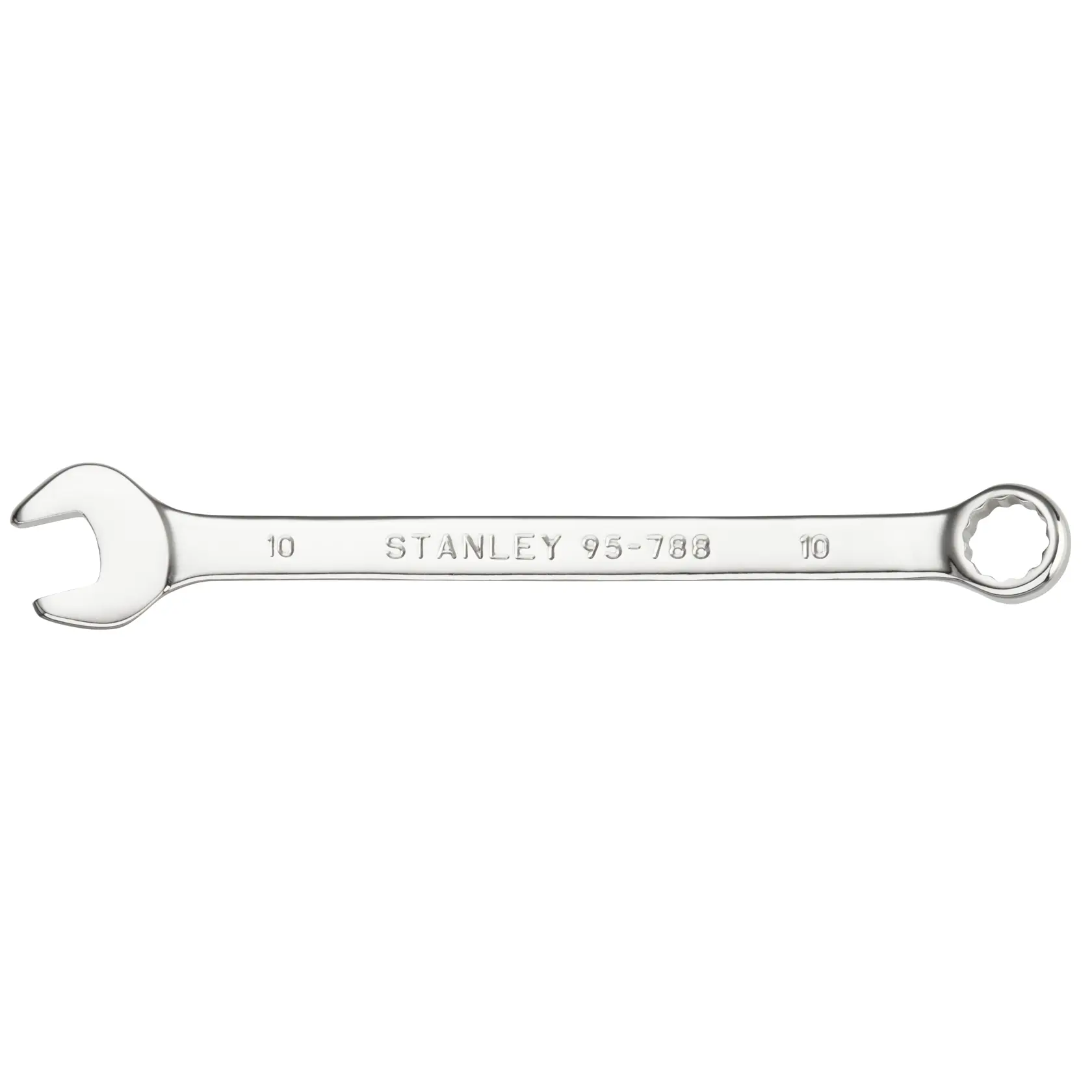 STANLEY STMT95788-0 combination wrench, silver color, open end and ring end, top view on white background.