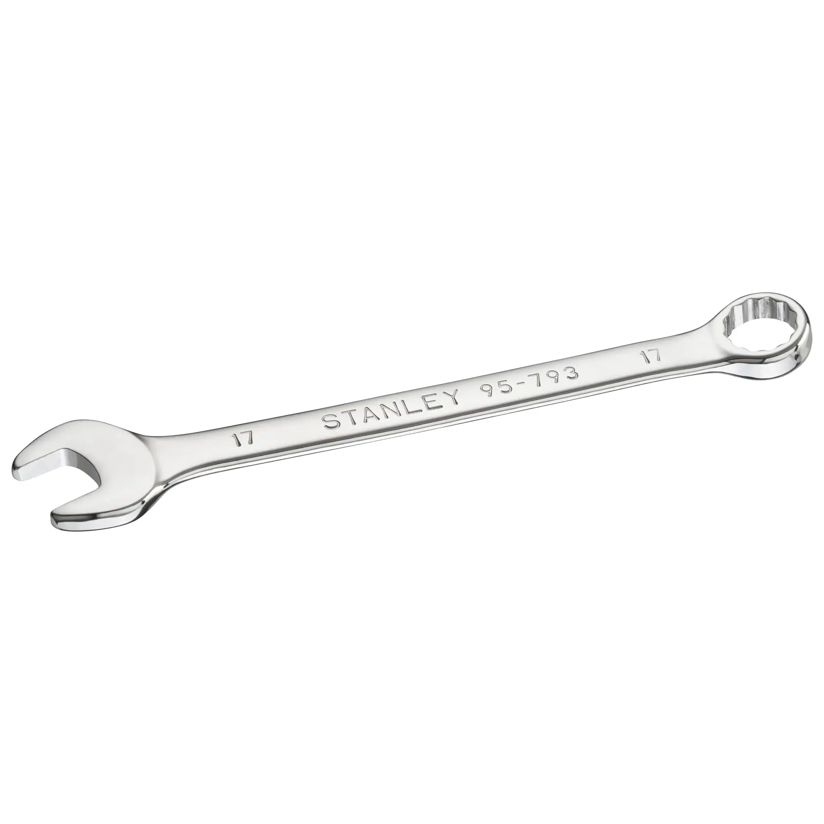 Photo of STANLEY STMT95793-0 combination wrench, chrome finish, 17 mm size, product shown on white background.