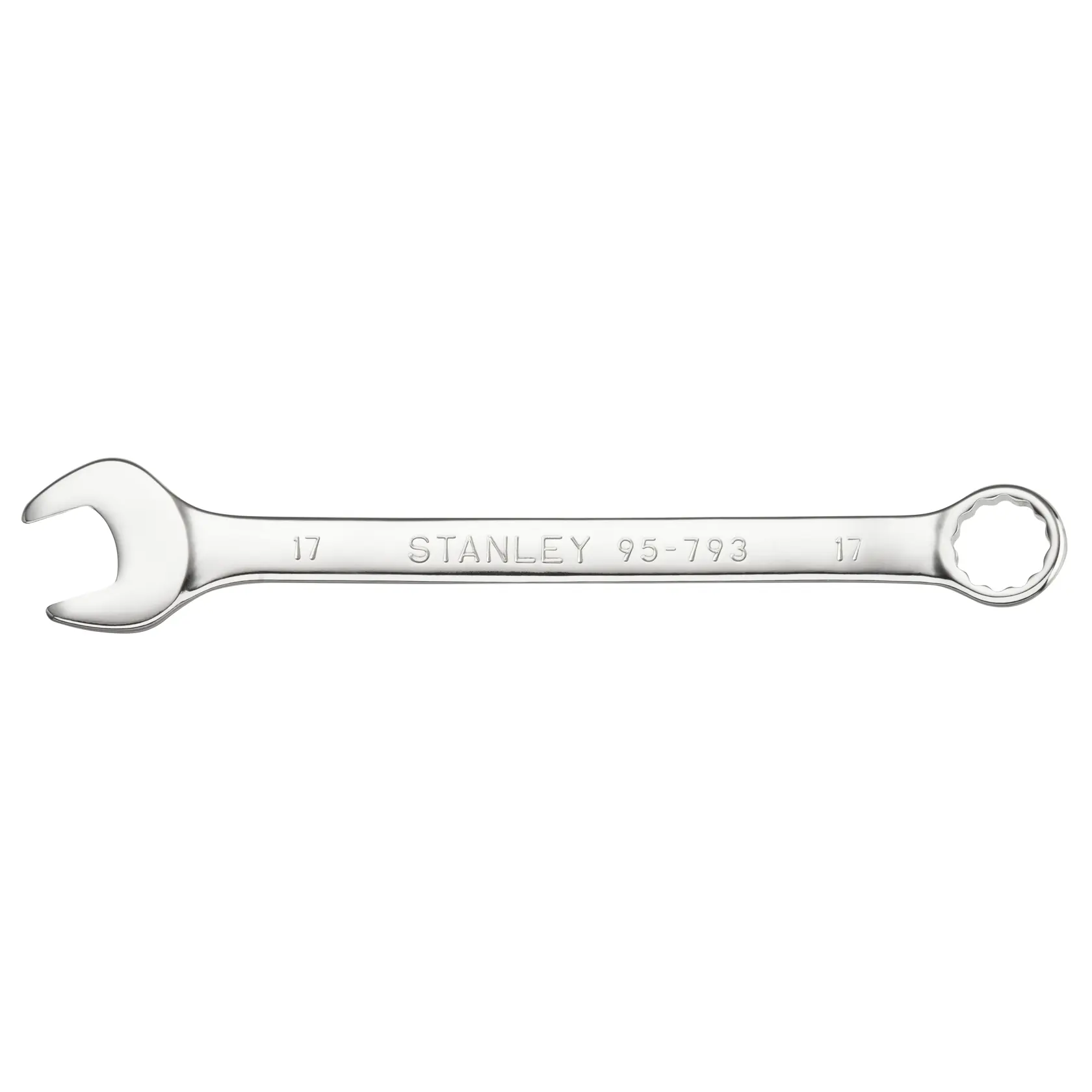 STANLEY STMT95793-0 combination wrench, chrome finish, photography, top angle on white background.