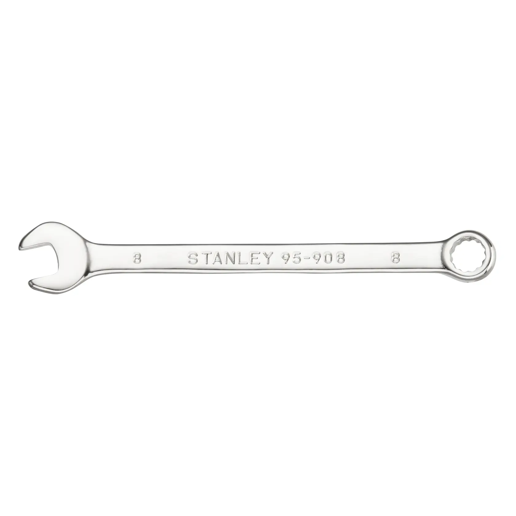 Photo of STANLEY STMT95908-0 combination wrench, silver, front view, with open and box ends.