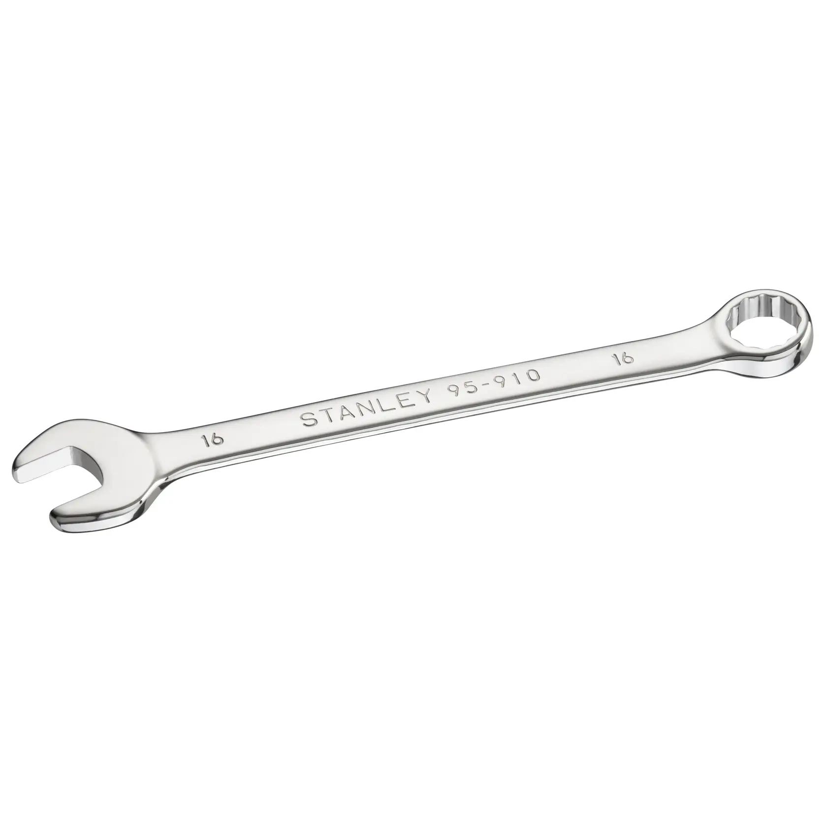 Photo of STANLEY STMT95910-0 combination wrench, chrome finish, angled view on white background.