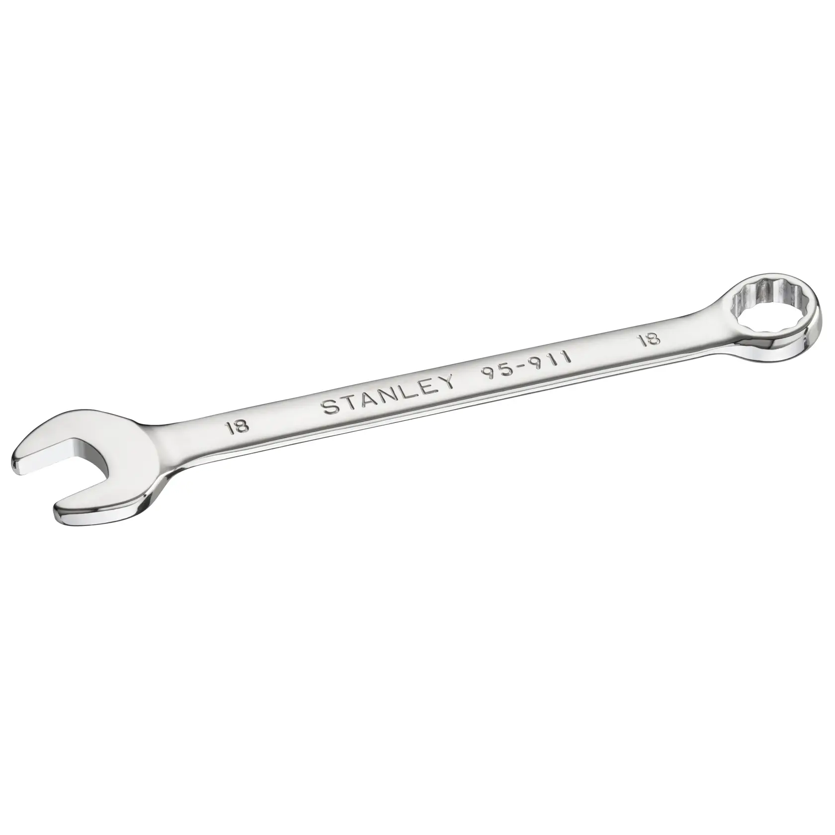 STANLEY STMT95911-0 combination wrench, silver, with open and box end, angled on white background.
