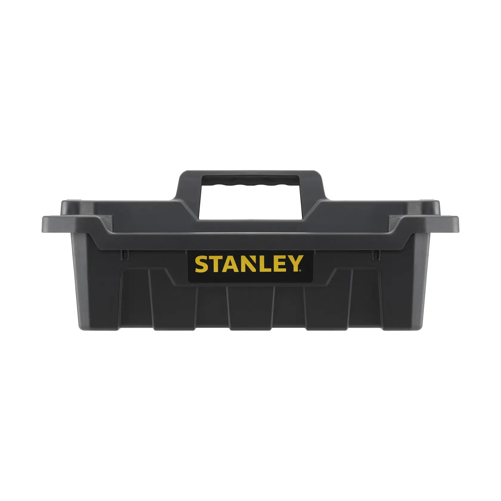 STANLEY STST1-72359 black plastic tool tote with handle, front view on white background.