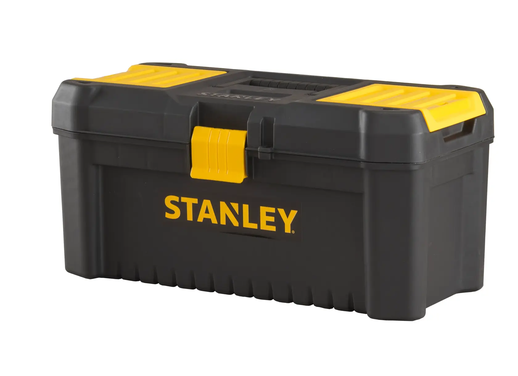 Black and yellow STANLEY toolbox with handle and secure latch, suitable for storing tools and accessories.