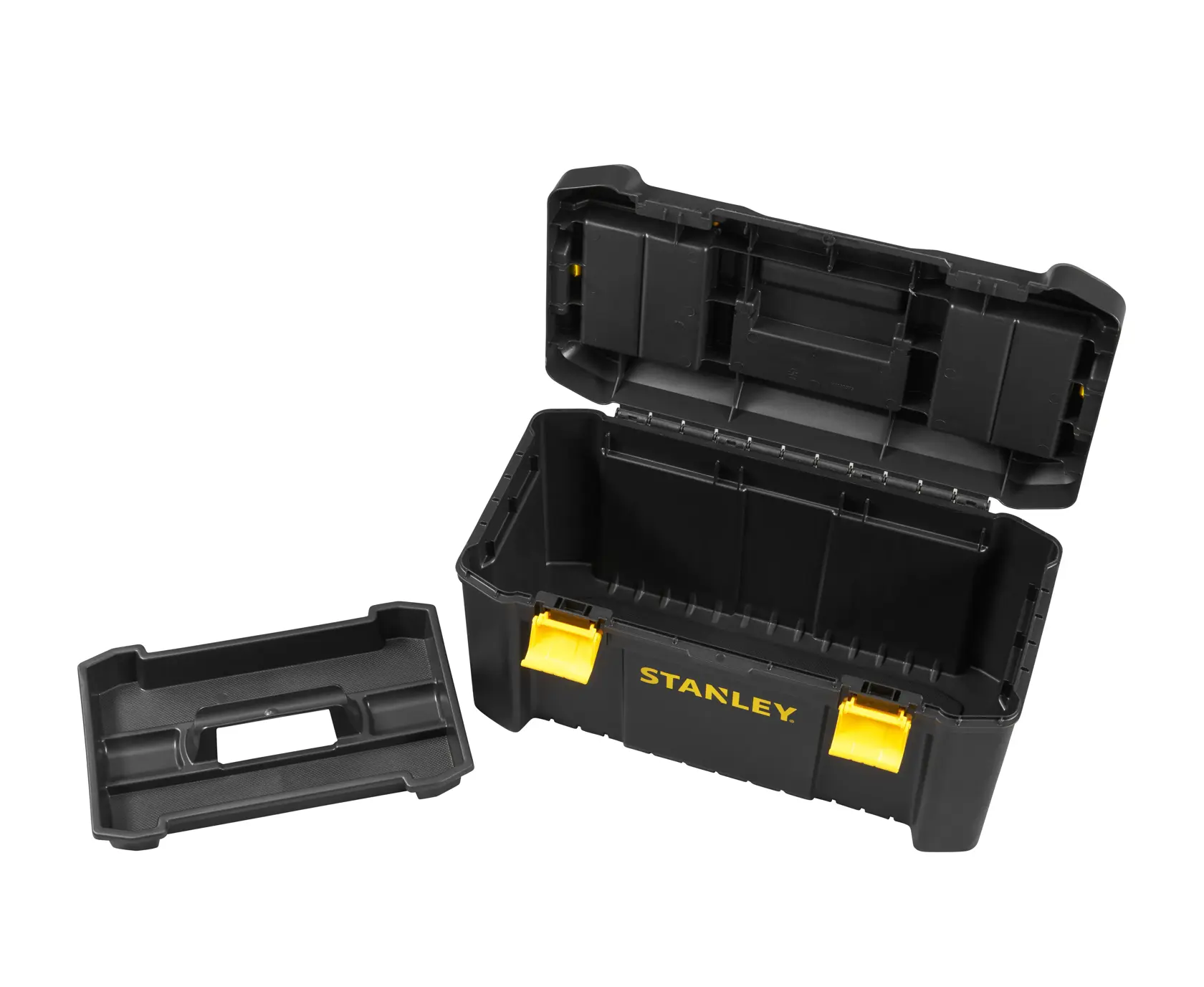 STANLEY STST1-75520 black plastic toolbox with open lid, removable tray, top view on white background.