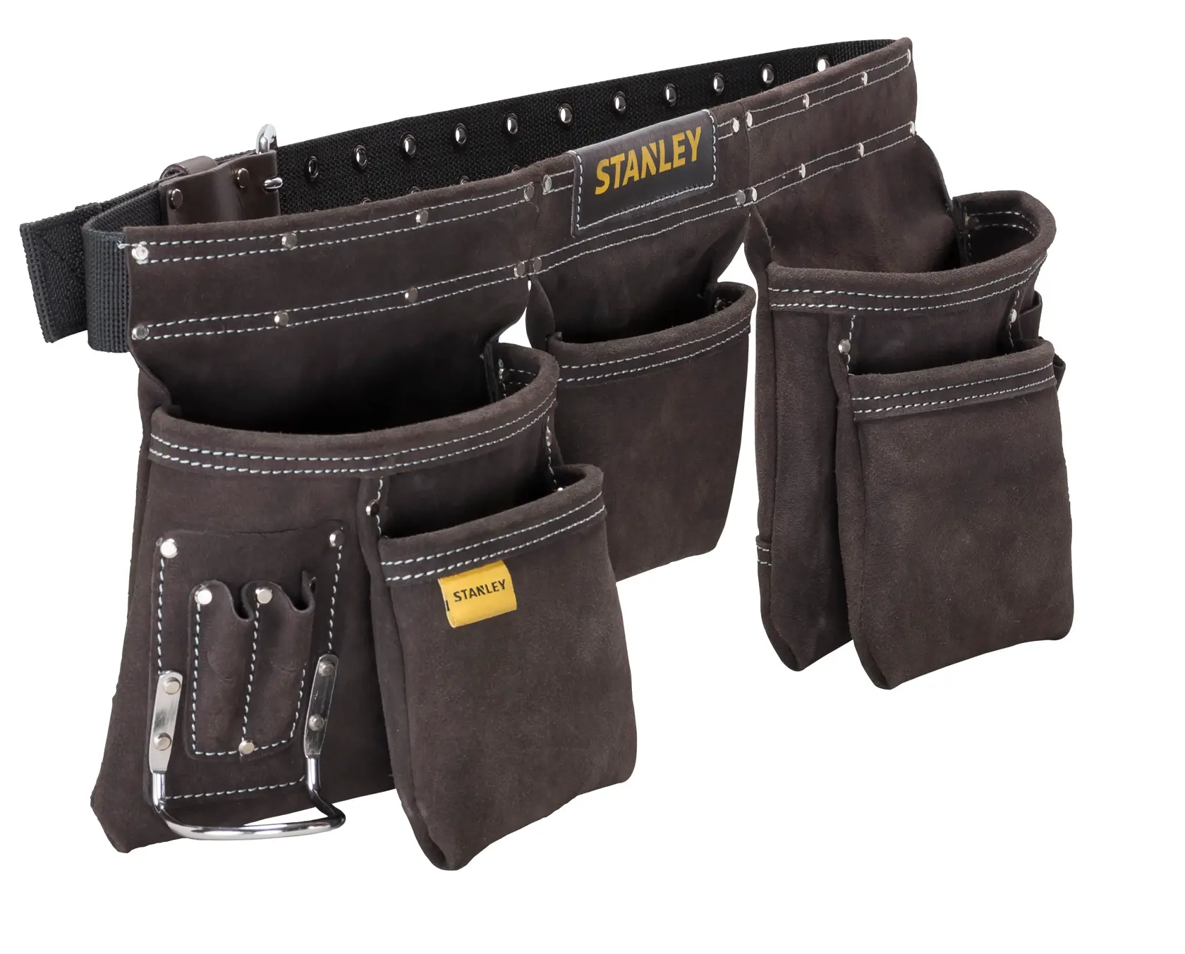 STANLEY STST1-80113 suede tool belt with multiple pockets, front angle on white background.