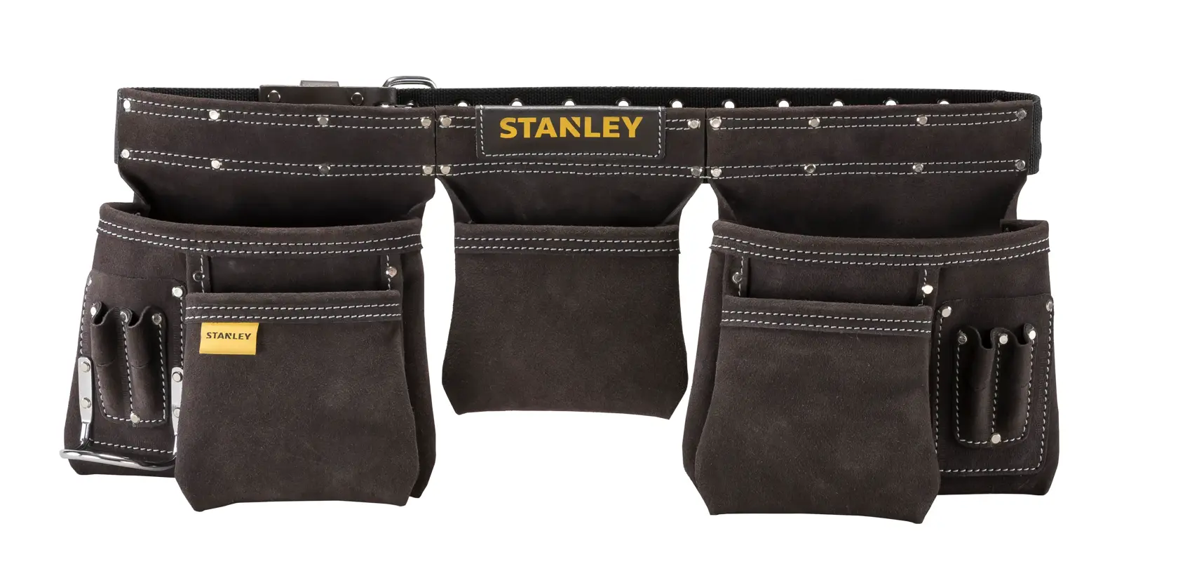 STANLEY STST1-80113 tool belt with multiple suede pouches and contrast stitching, front view on white background.