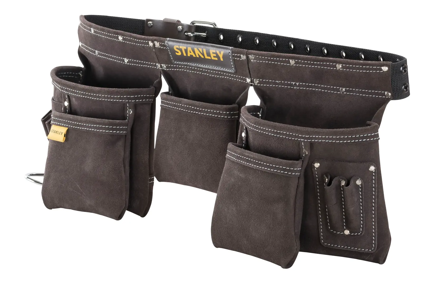 STANLEY STST1-80113 tool belt with multiple brown suede pouches and white stitching, angled on white background.