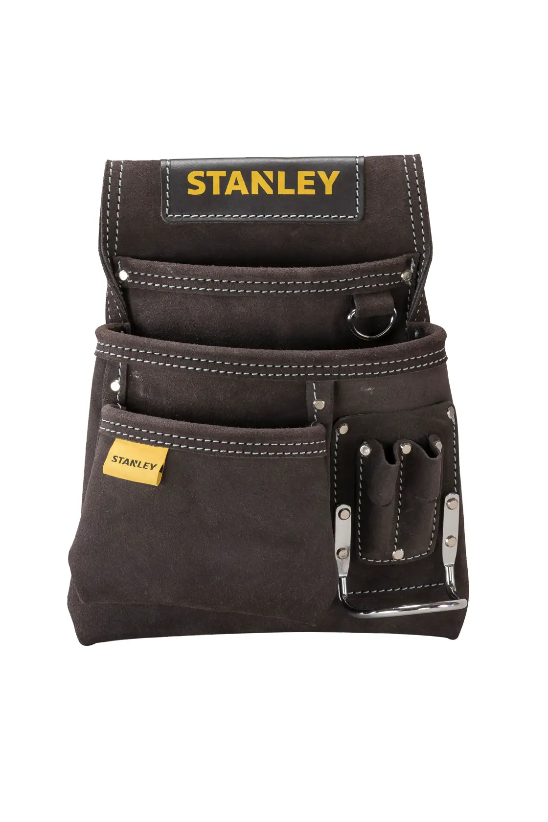 STANLEY STST1-80114 leather tool pouch, dark brown, multiple pockets, front angle, product photography