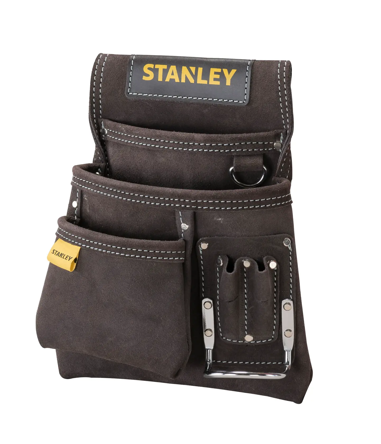 STANLEY STST1-80114 brown suede tool pouch with multiple pockets, white stitching, and metal holder, front angle.