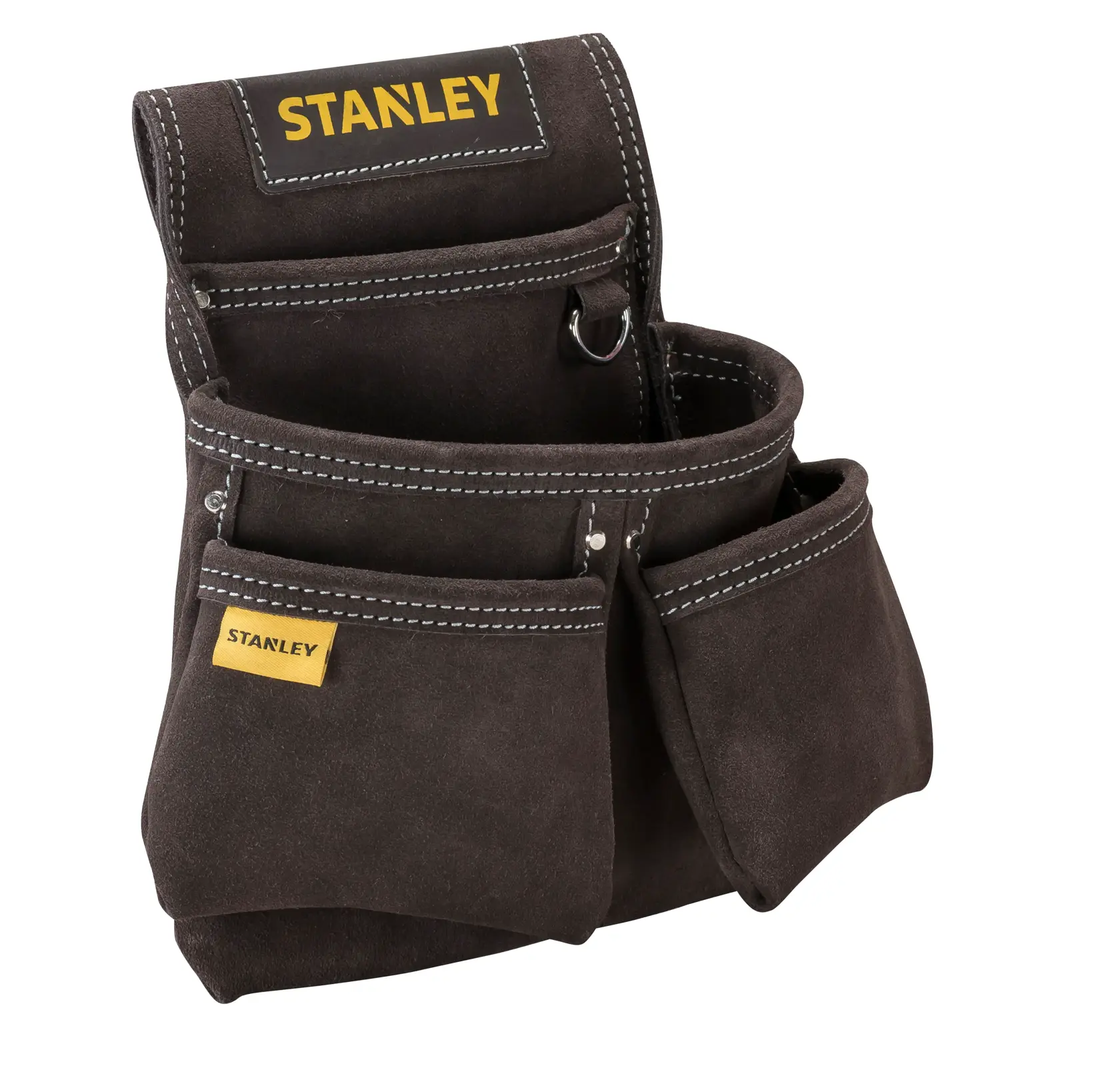 STANLEY STST1-80116 brown suede tool pouch with multiple pockets, photography front angle on white background.