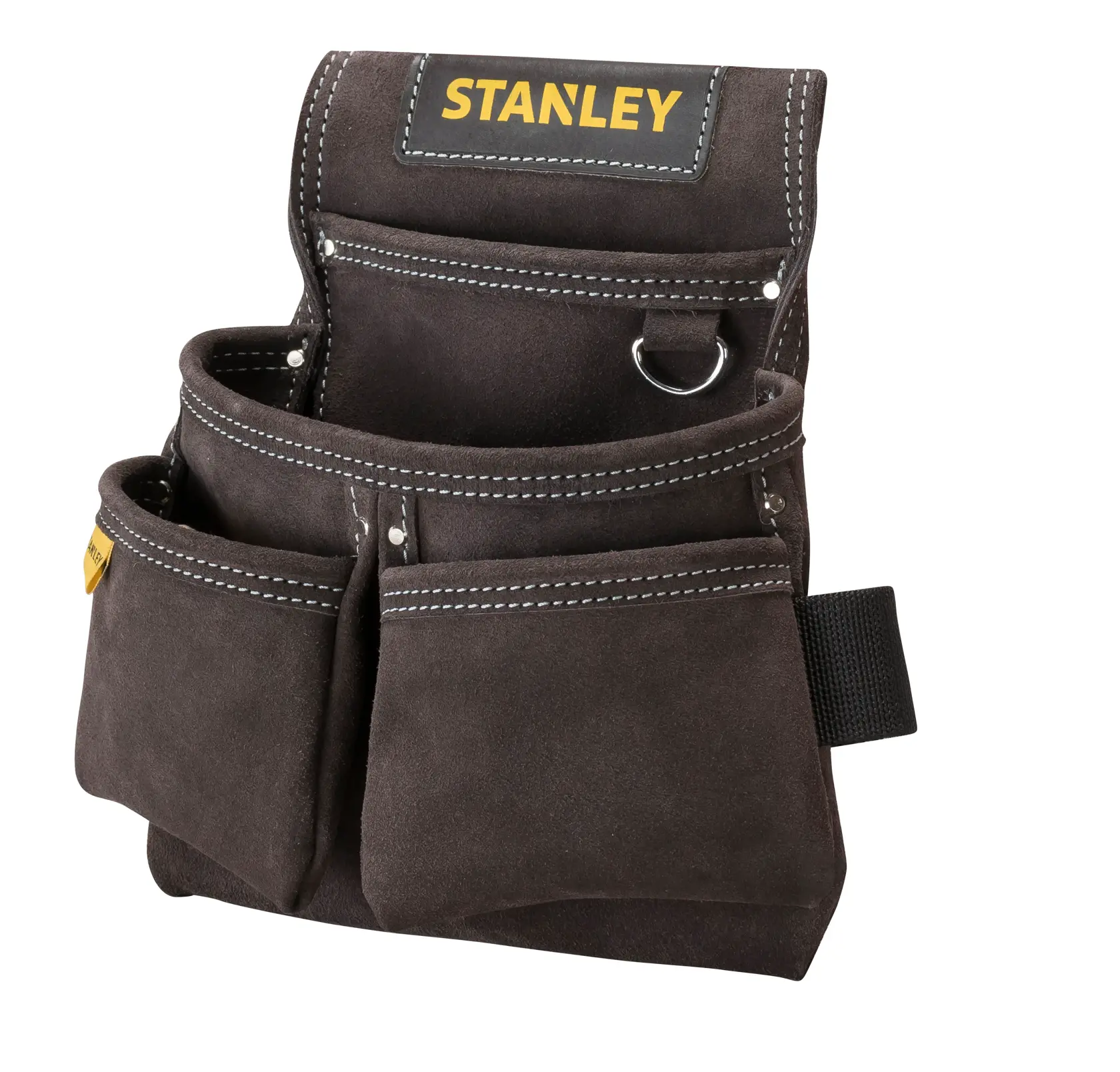 Photo of STANLEY STST1-80116 brown suede tool pouch with multiple pockets, front white background.