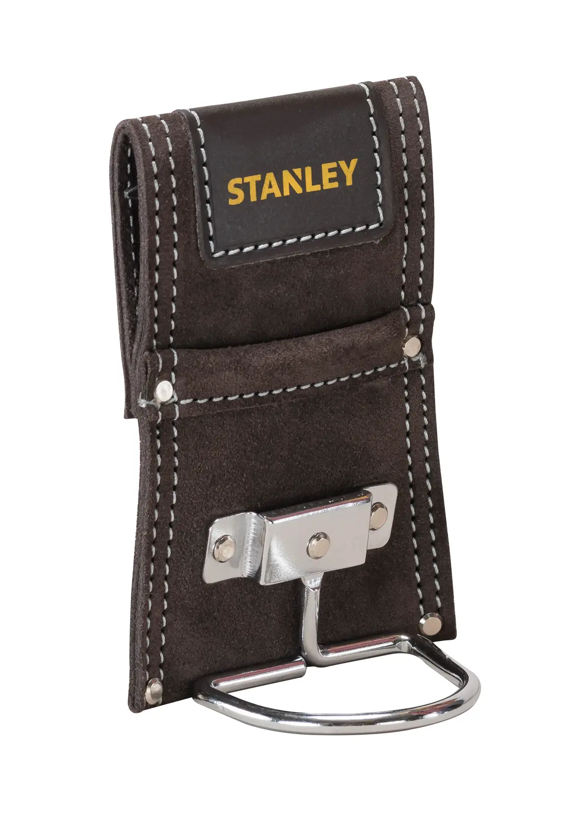 STANLEY STST1-80117 brown suede leather hammer holder, silver metal bracket, front angle photo.
