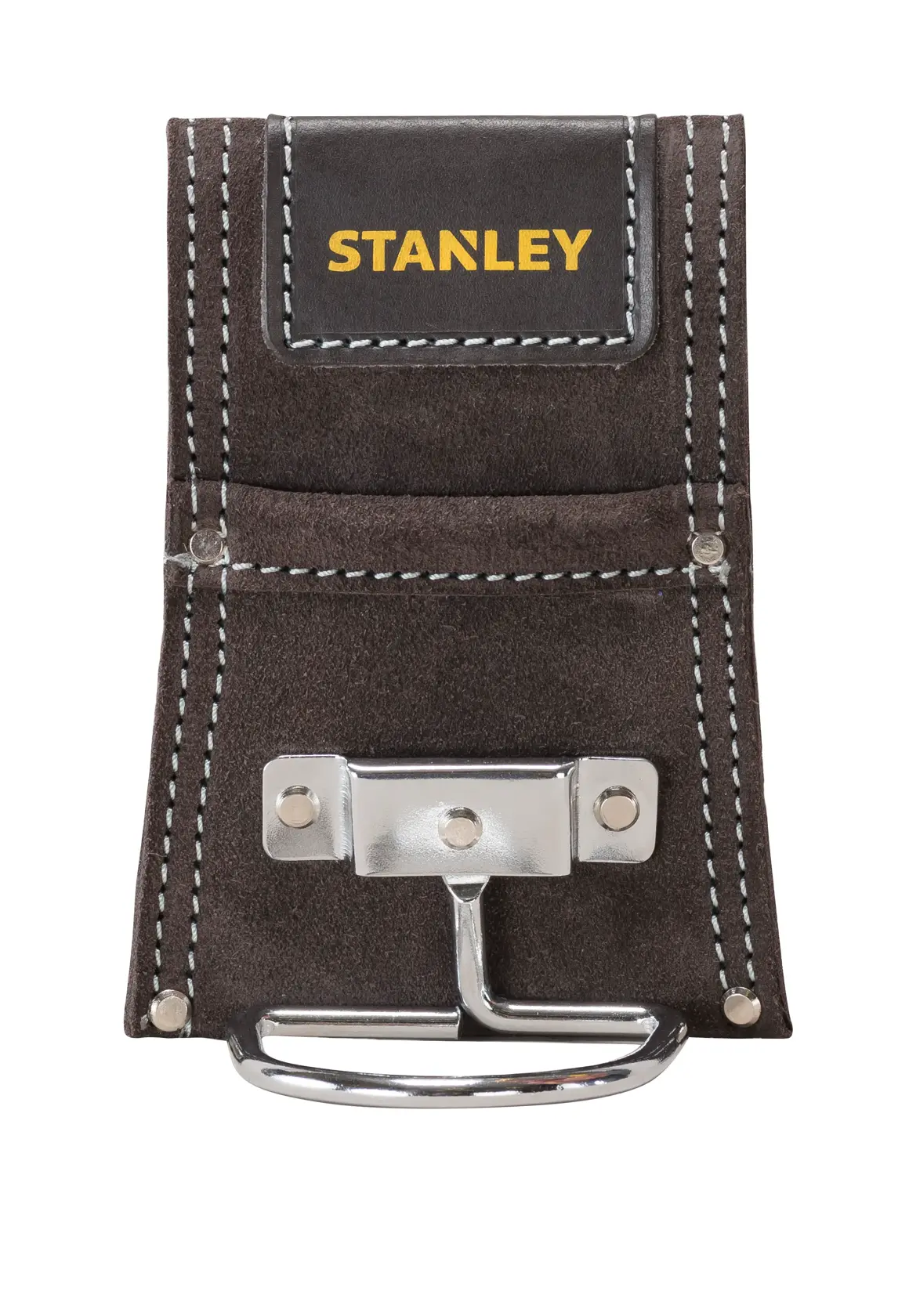 STANLEY STST1-80117 suede hammer holder with metal loop, black with white stitching, front view.