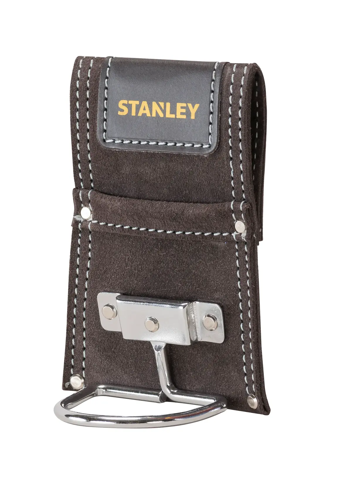 STANLEY STST1-80117 suede hammer holder with metal loop, black with white stitching, front angle.