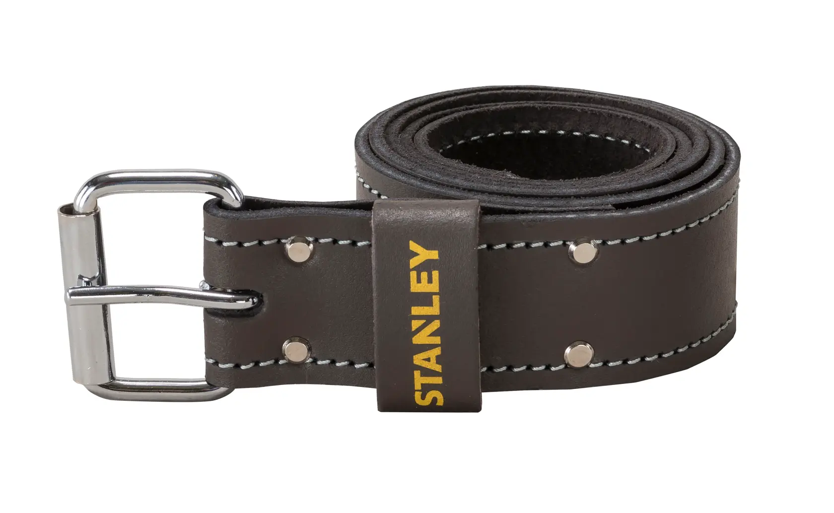 Rolled brown leather belt with metal buckle and STANLEY logo, featuring visible stitching and rivets.