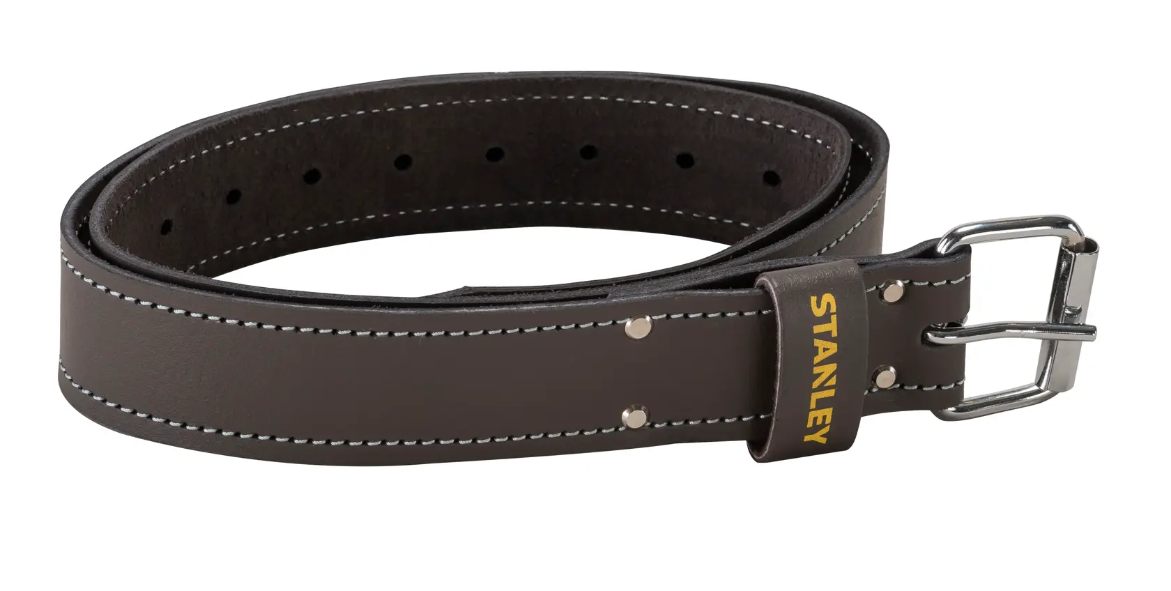 STANLEY STST1-80119 brown leather work belt with metal buckle, front angle on white background.