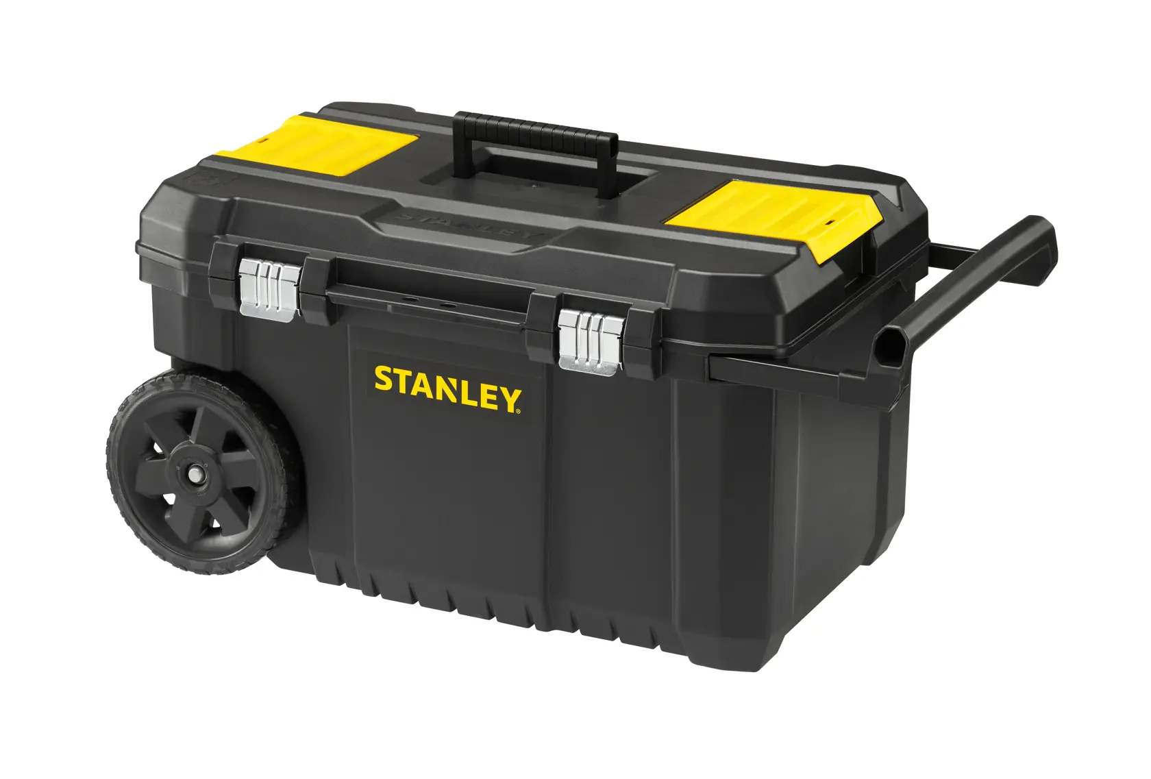 STANLEY STST1-80150 black rolling toolbox with yellow top compartments, side handle, and wheels, front angle.