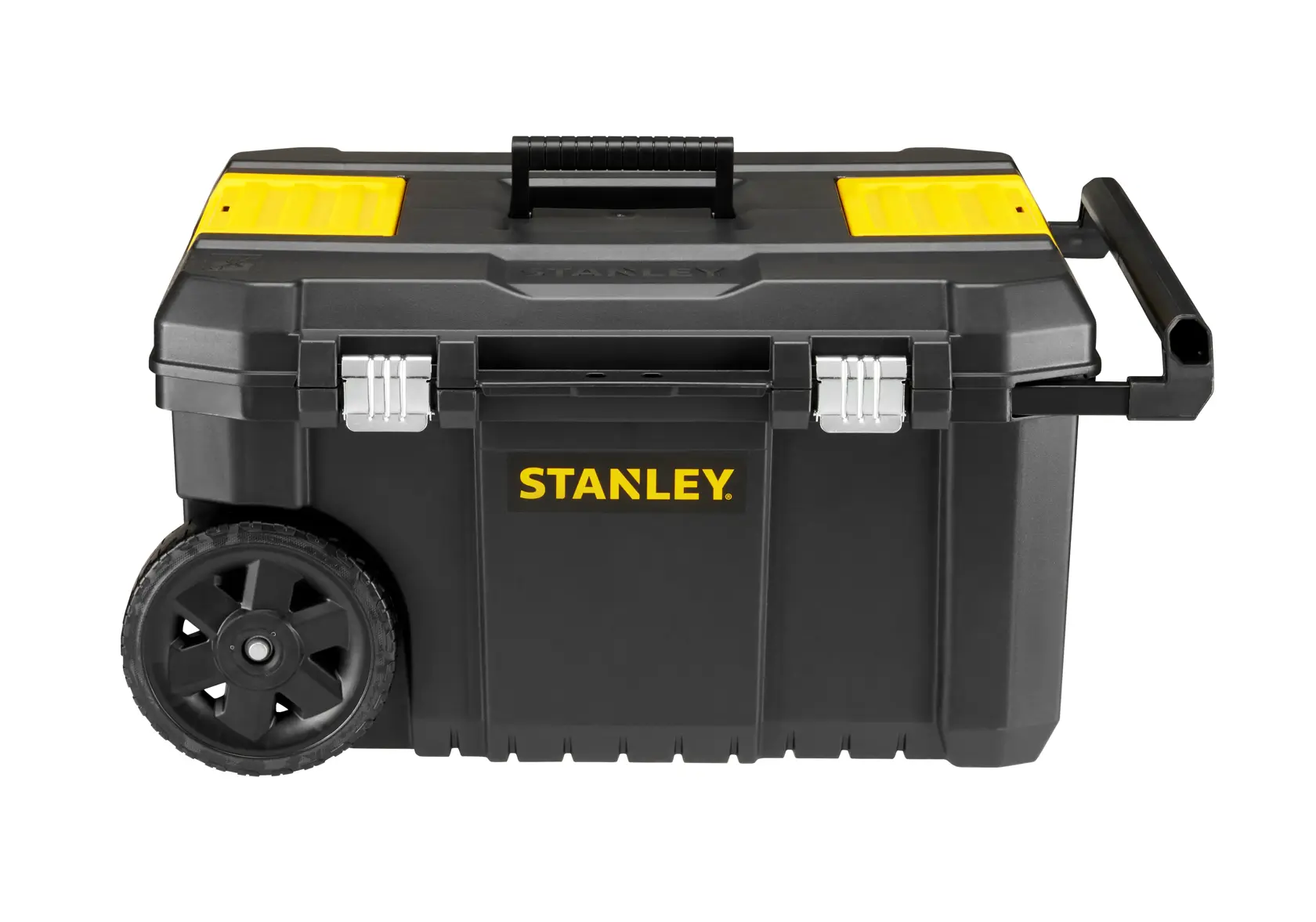 STANLEY STST1-80150 black wheeled tool box with yellow accents, front angle on white background.