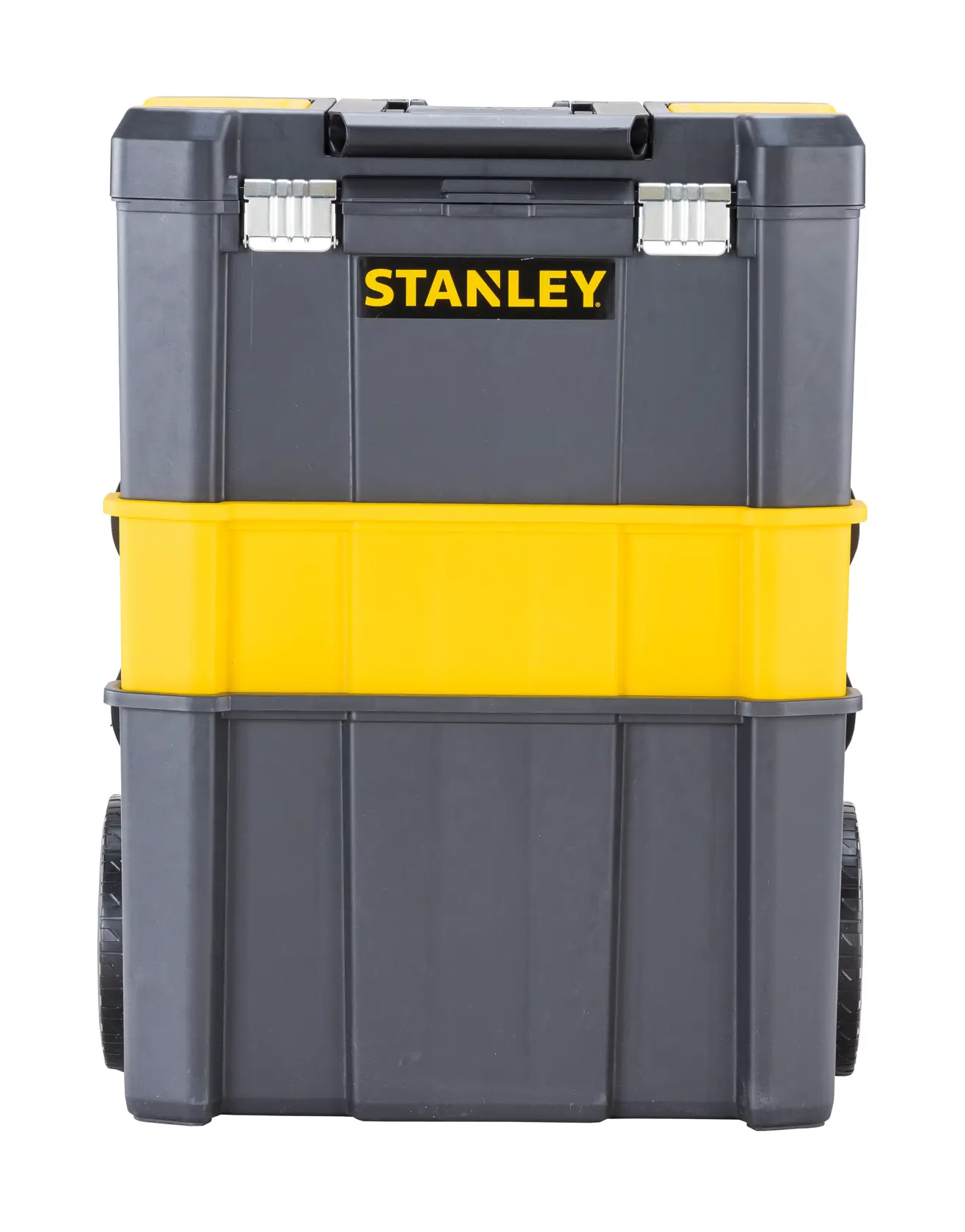Stanley rolling tool box with yellow and black compartments, large wheels, and a sturdy handle.
