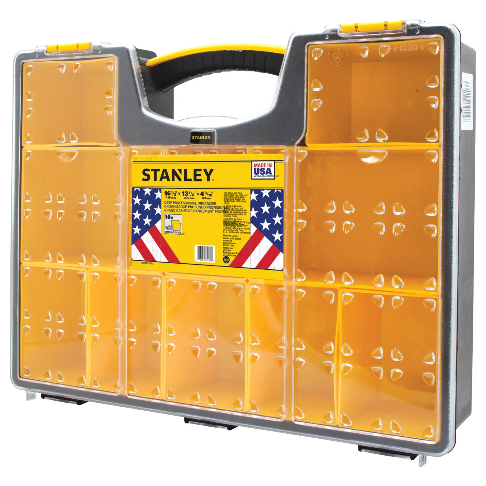 Stanley deep professional organizer front view, clear compartments, yellow handle, white background