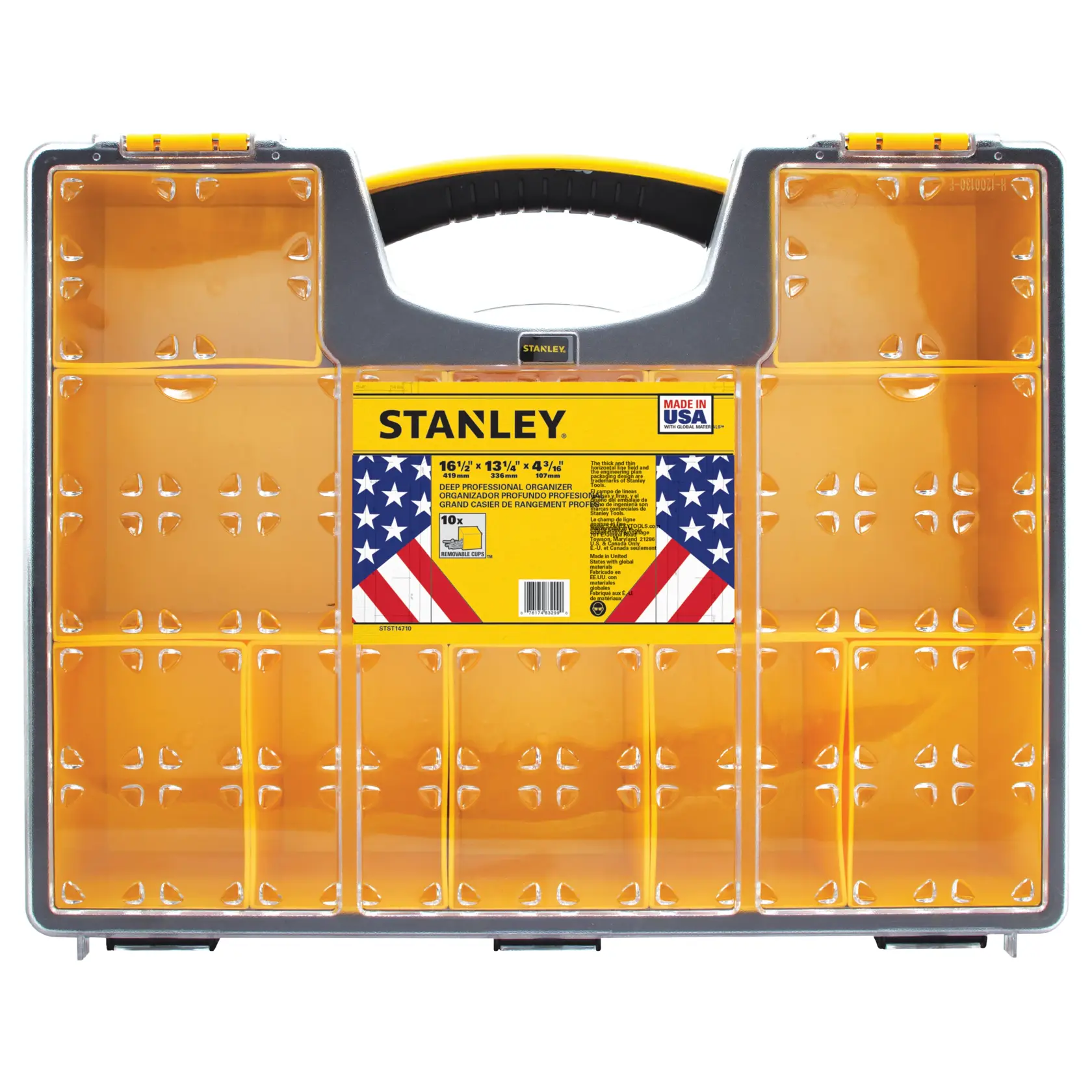 Front angle Stanley deep professional organizer with yellow compartments and black handle on white background.