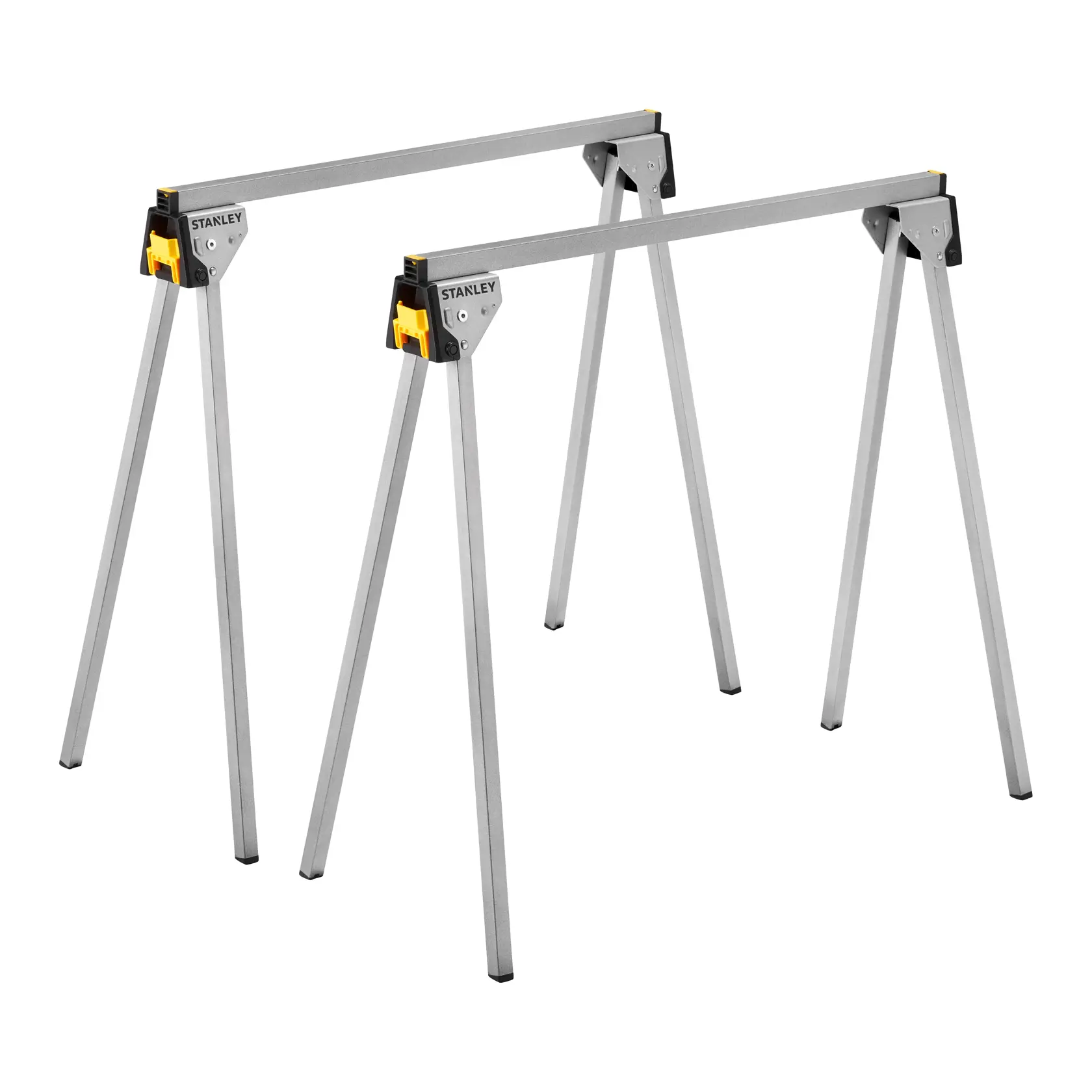 STANLEY STST81337-1 metal folding sawhorse set, silver with yellow accents, angled on white background.