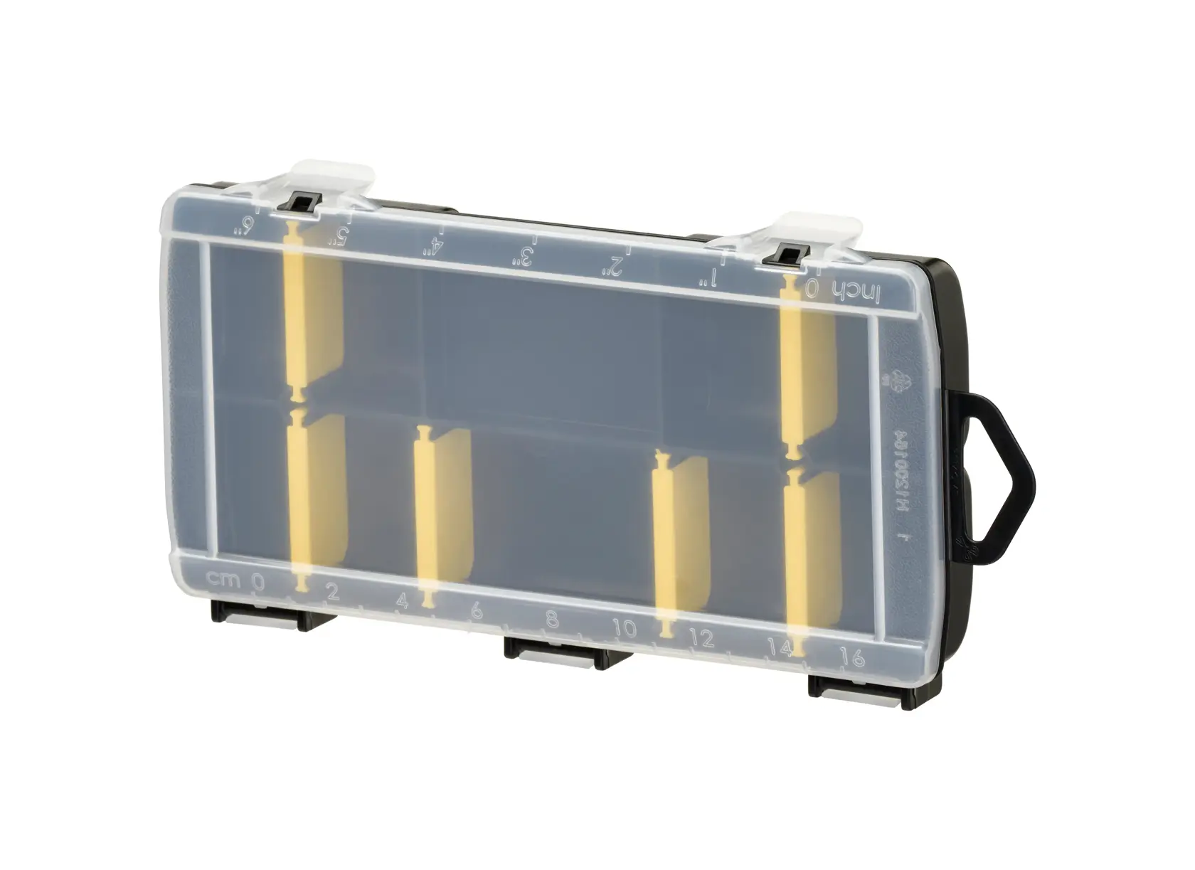 STANLEY STST81679-1 organizer box with clear lid, yellow dividers, photography, angled view.