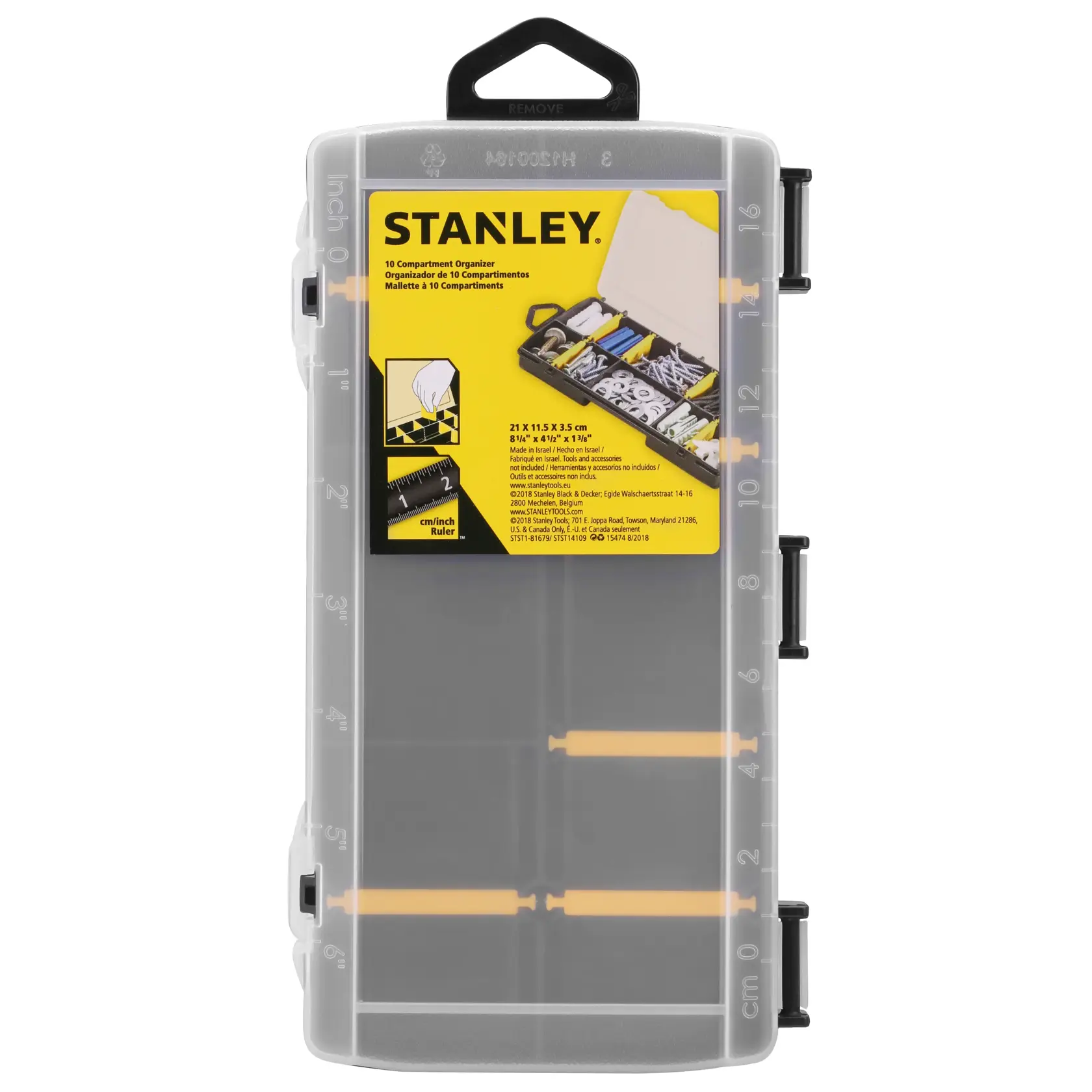 STANLEY STST81679-1 10 compartment organizer, clear plastic case, front view, white background.