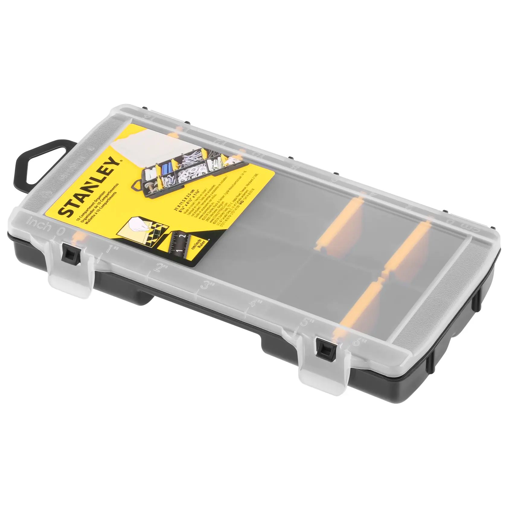 STANLEY STST81679-1 small parts organizer with black base, clear lid, and yellow dividers, angled view.