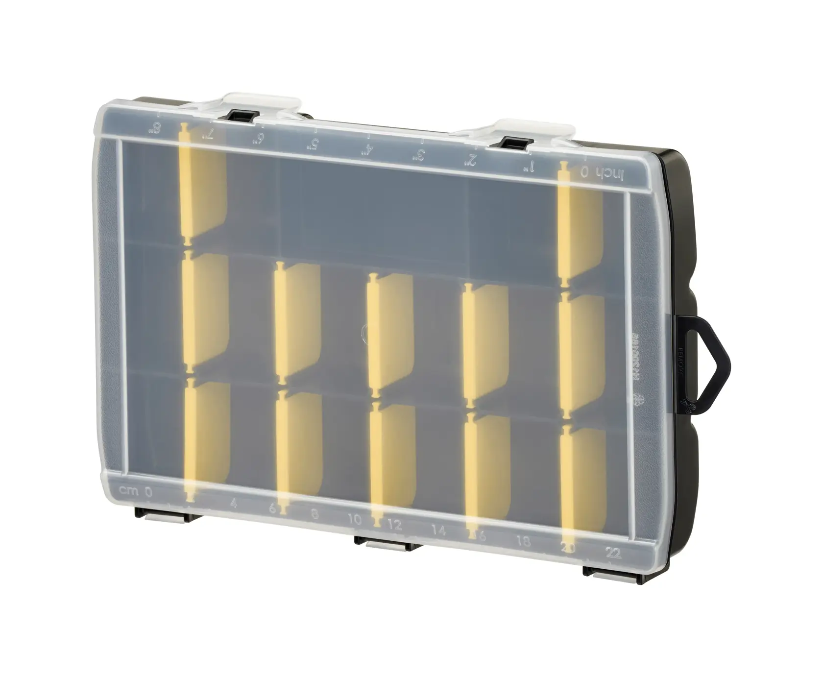 STANLEY STST81680-1 organizer with clear lid, black body, and yellow dividers, front angle photography.