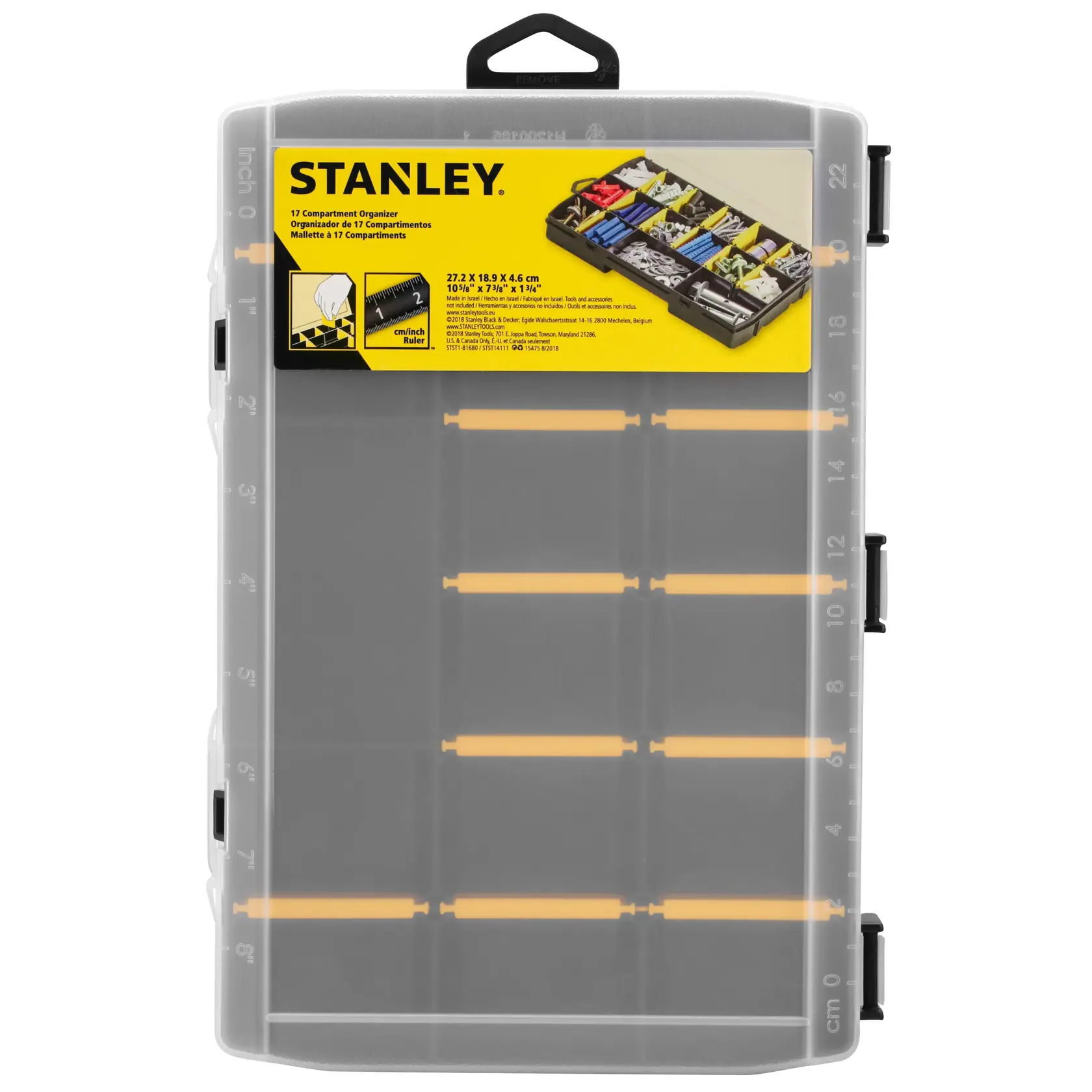 STANLEY STST81680-1 17-compartment organizer box, transparent lid, black and yellow, top angle photo.