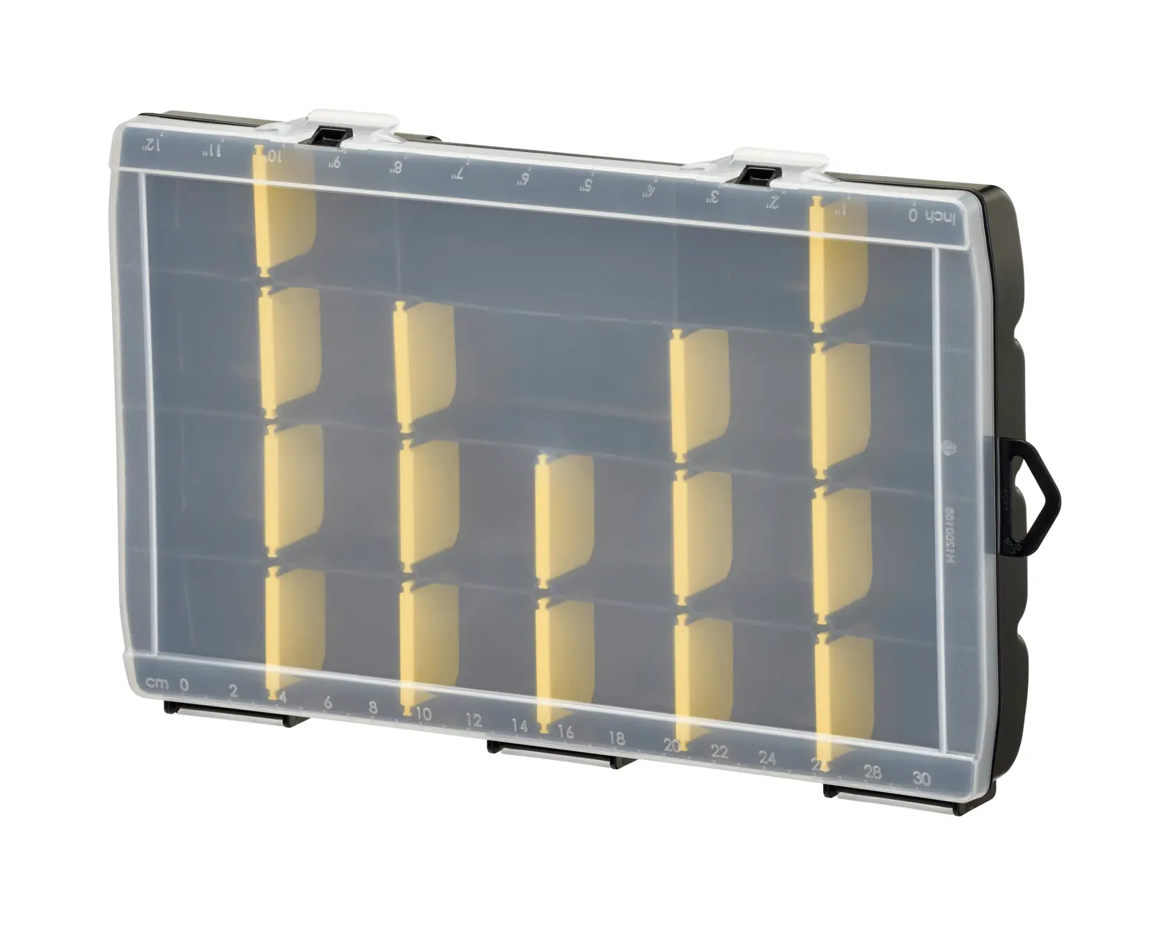 STANLEY STST81681-1 organizer case with transparent lid and yellow dividers, front angle.