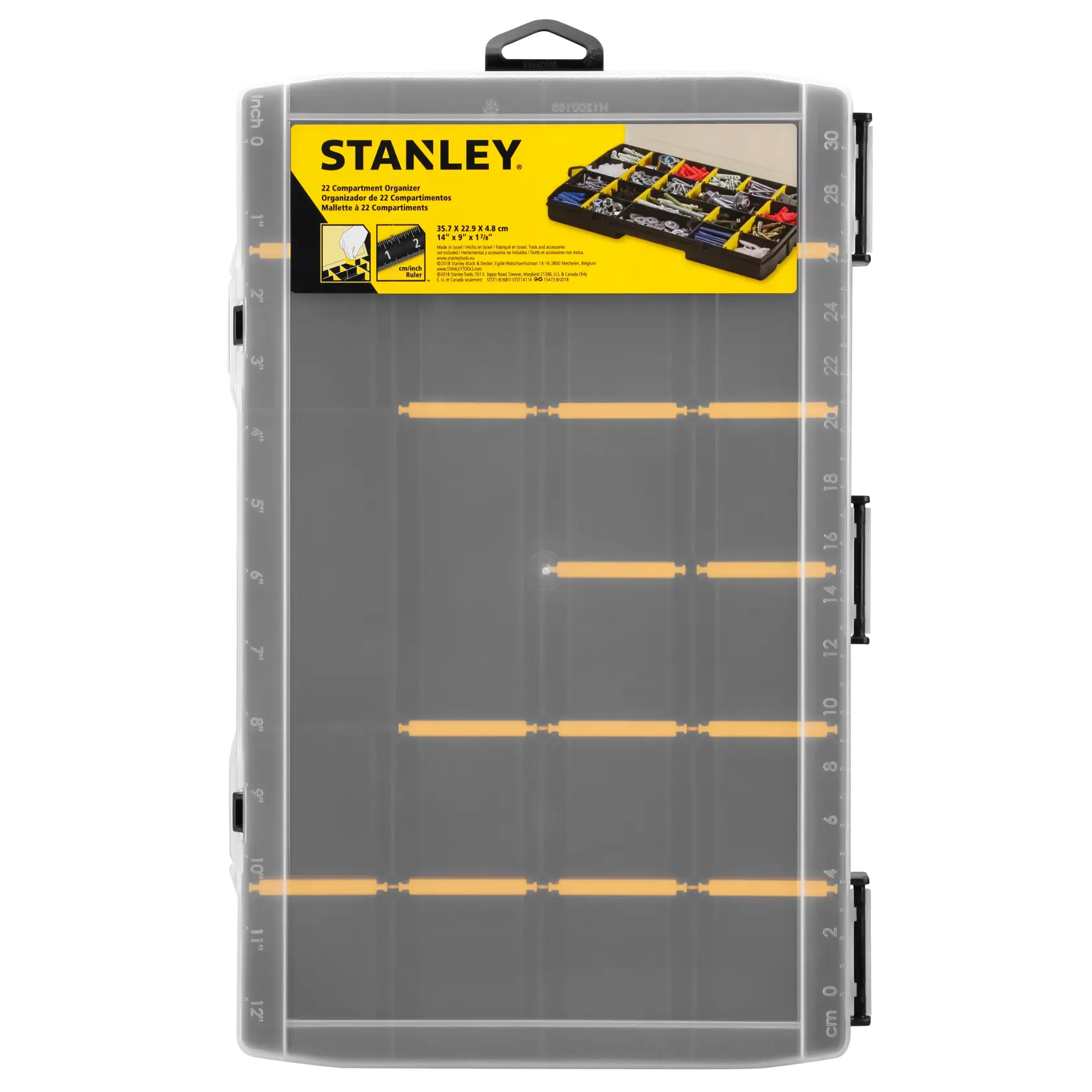 STANLEY STST81681-1 22-compartment plastic organizer box, clear lid, top view, tool storage category.