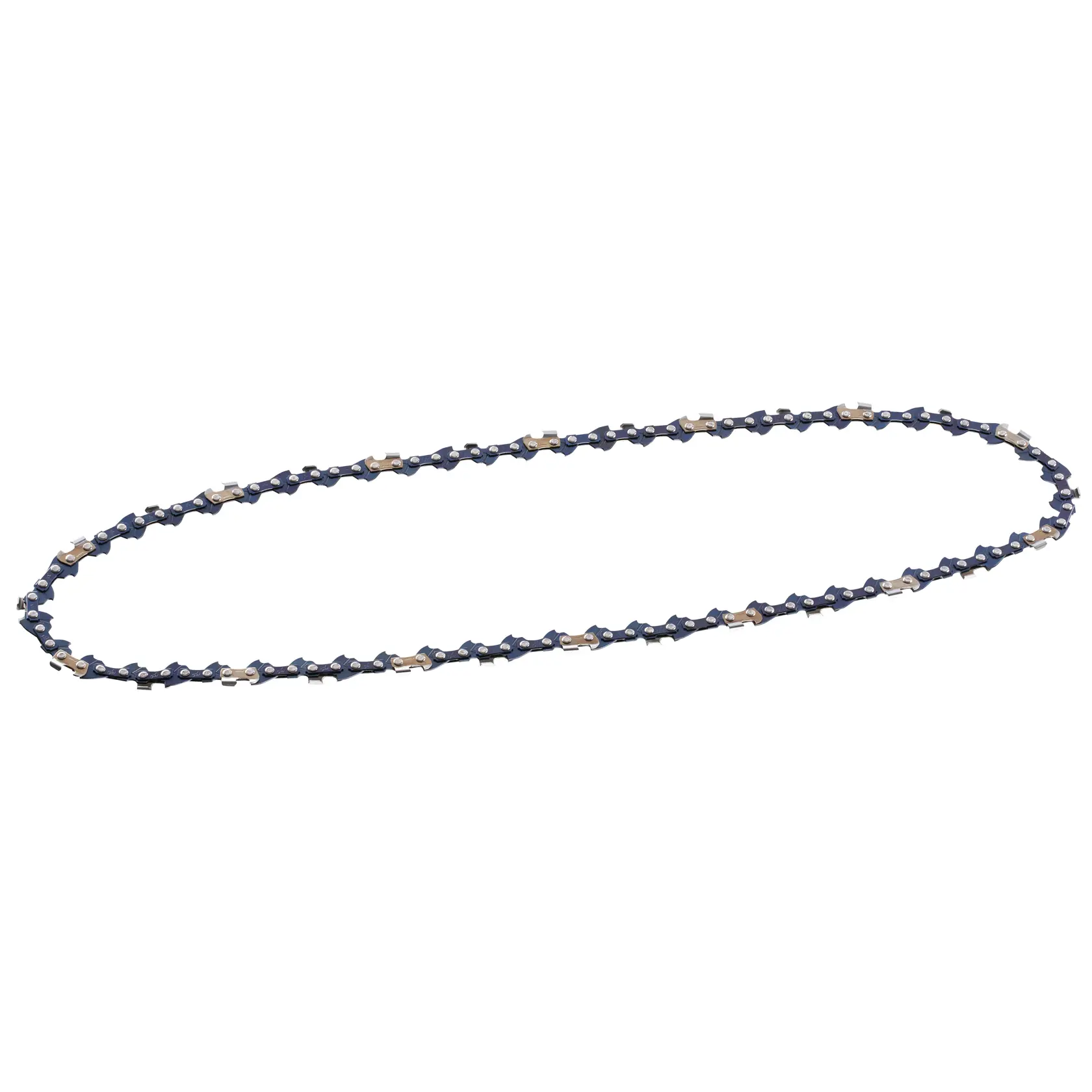 STANLEY STZCS240 chainsaw chain oval view, silver and dark blue, photography on white background.