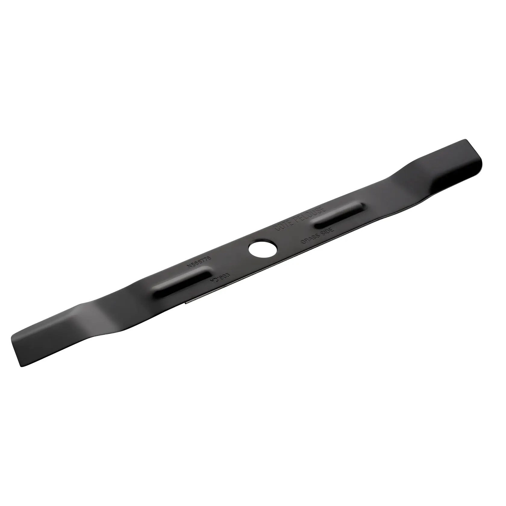 Stanley STZMW351 lawn mower blade, black steel, top angle, photography on white background.