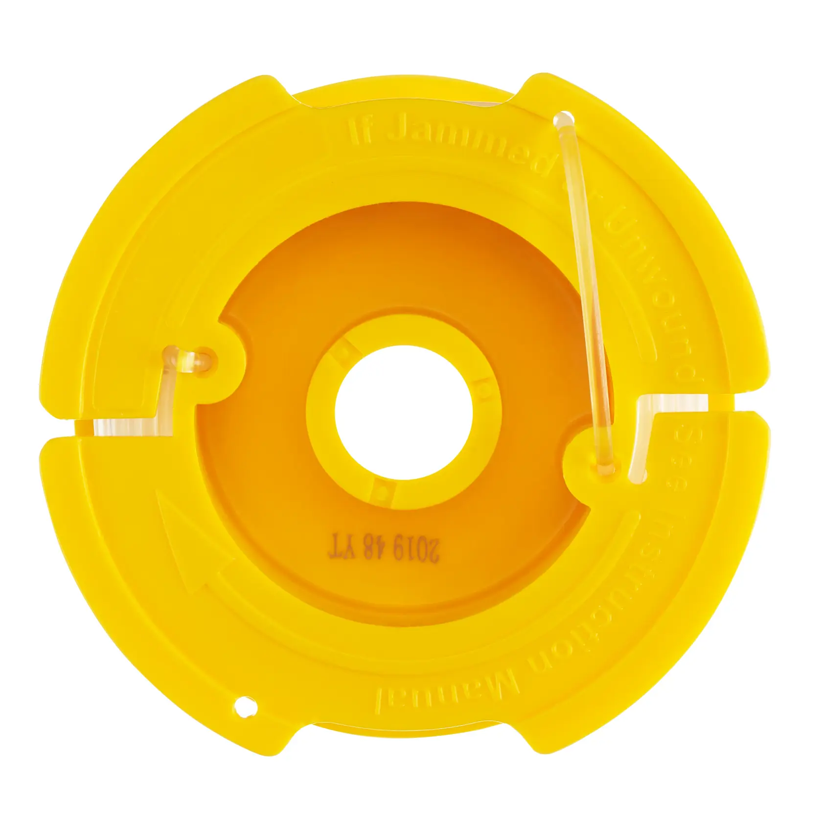 STANLEY STZST12169 yellow round plastic replacement spool for trimmer, top view on white background.