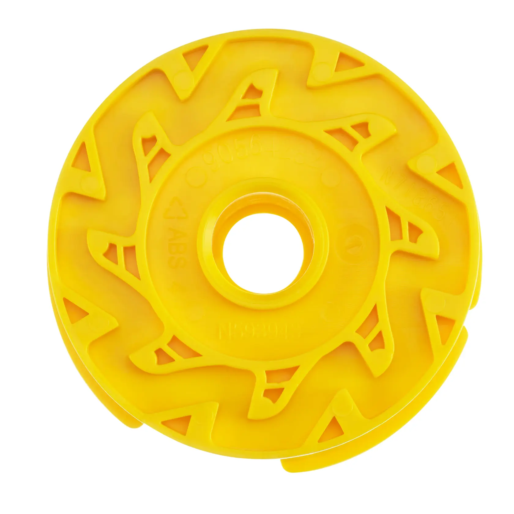 Photo of STANLEY STZST12169 yellow plastic replacement spool for outdoor power tools, top view on white background.