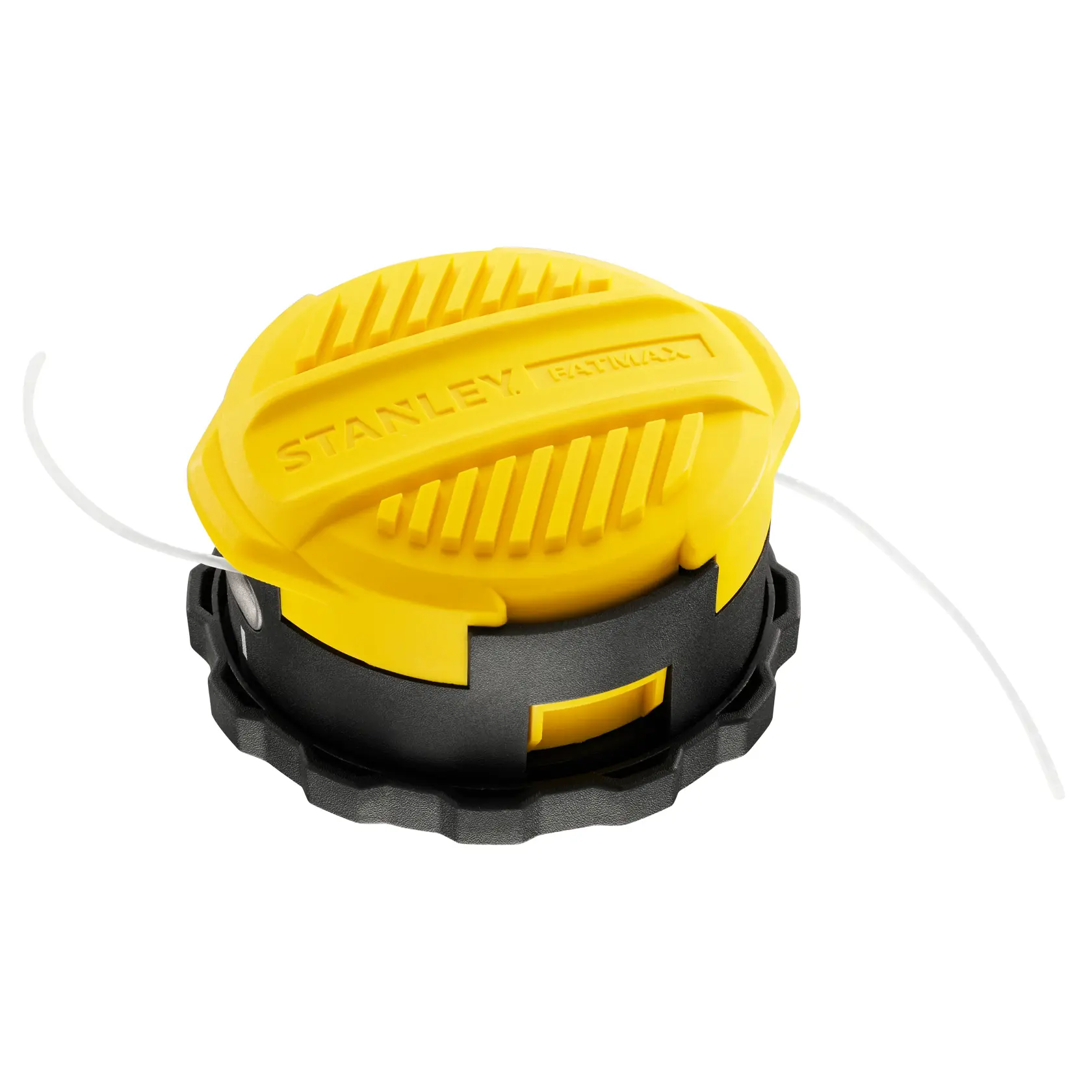 STANLEY STZST1226 trimmer spool, yellow and black, front angle, on white background.