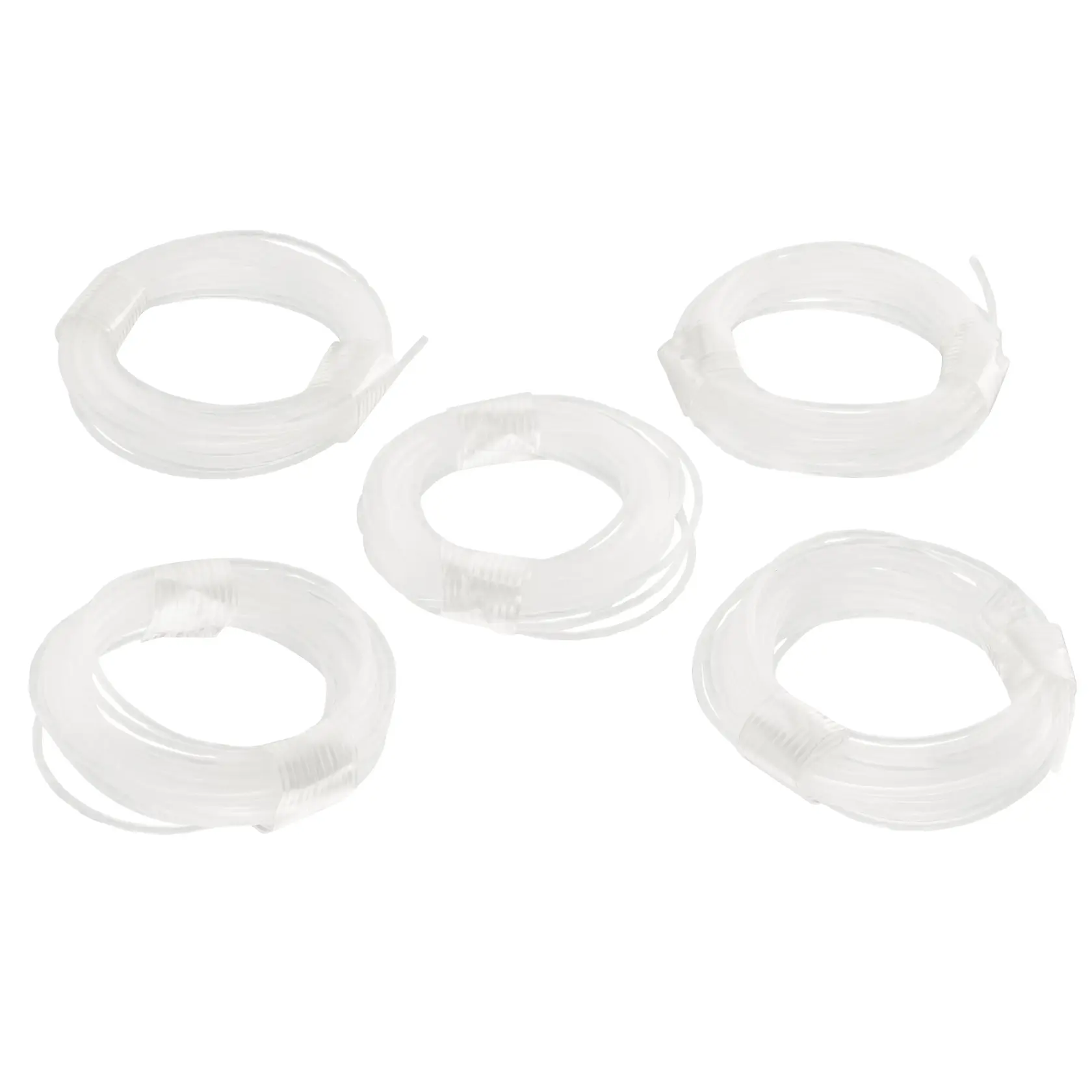 STANLEY STZST1326 clear nylon cable photography, five coiled bundles on white background.