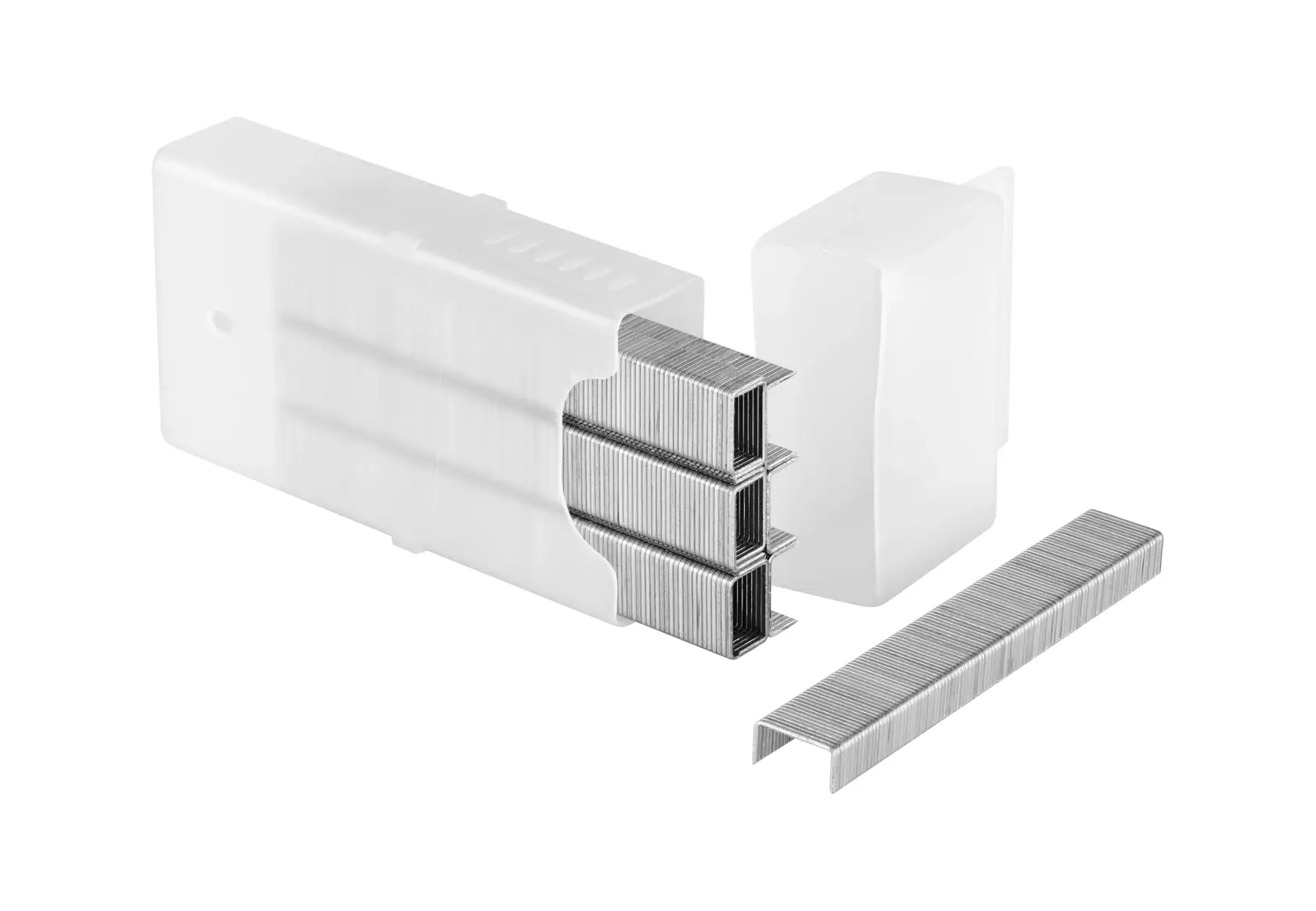 STANLEY TRA204T staples in silver color shown with open white plastic box, front angle.