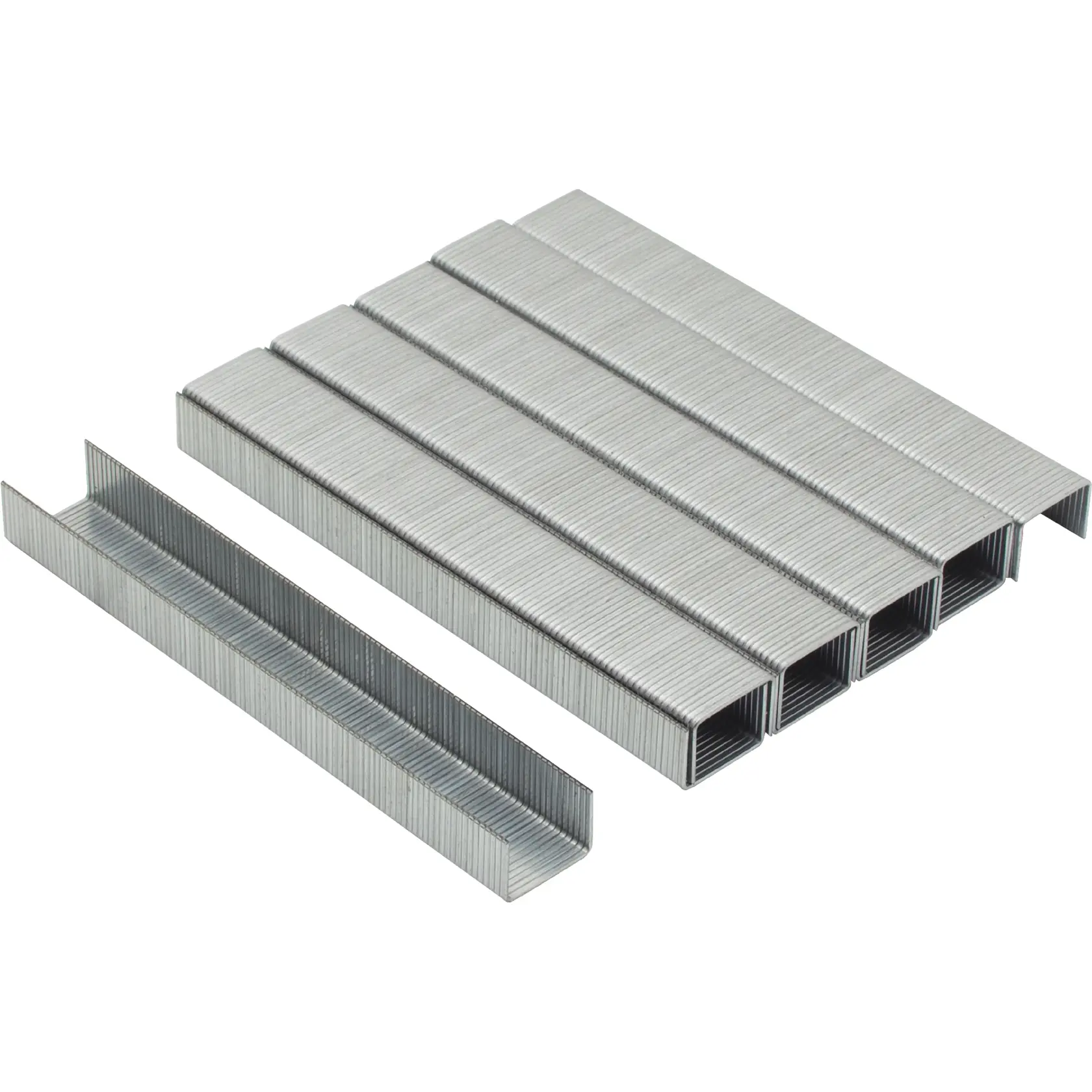 STANLEY TRA205T silver staples pack, product photography, angled on white background.