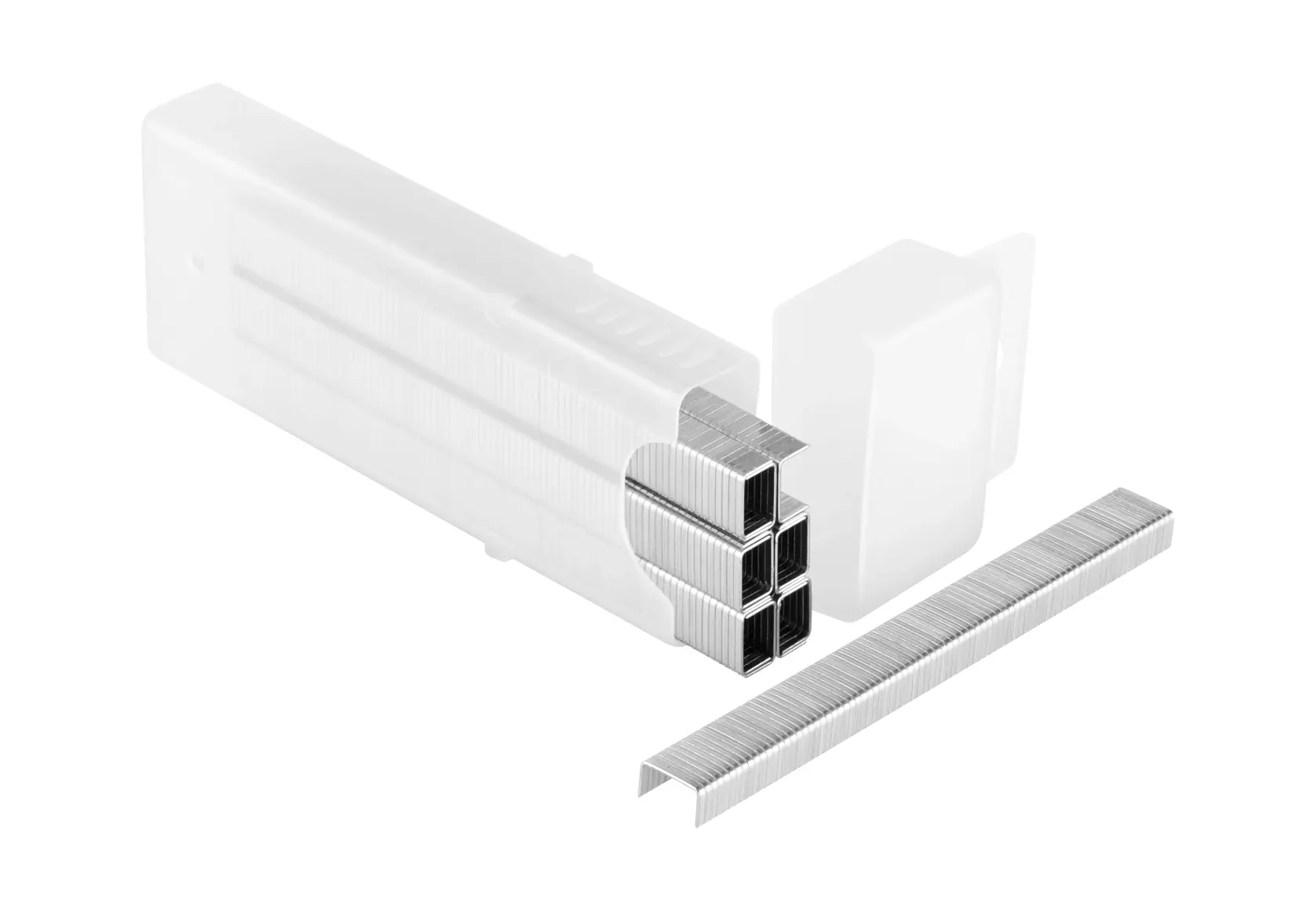 STANLEY TRA704T silver staples in stacks with white box, front angle on white background.