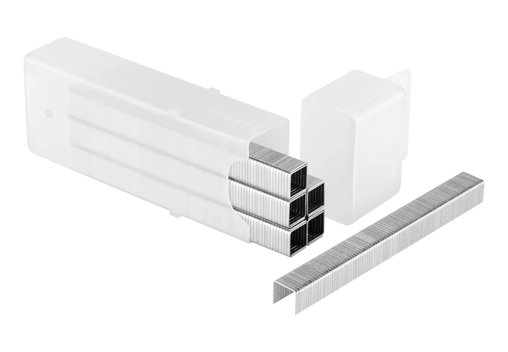 STANLEY TRA706T silver staples, shown in stacks with open plastic case, angled on white background.