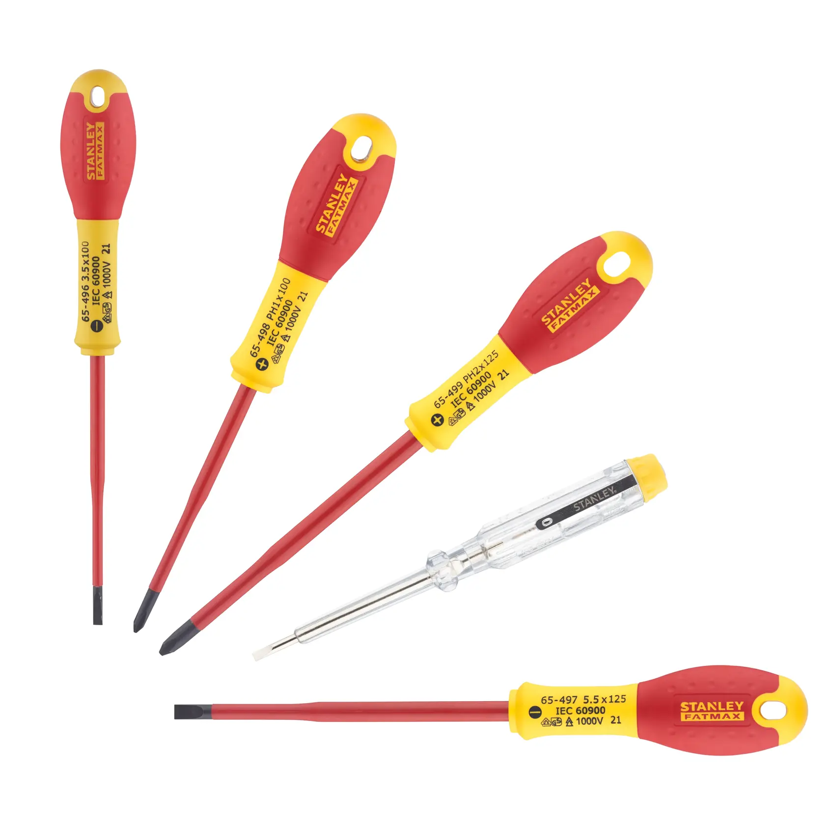 STANLEY XTHT0-62692 insulated screwdriver set, five pieces, red and yellow handles, top view.
