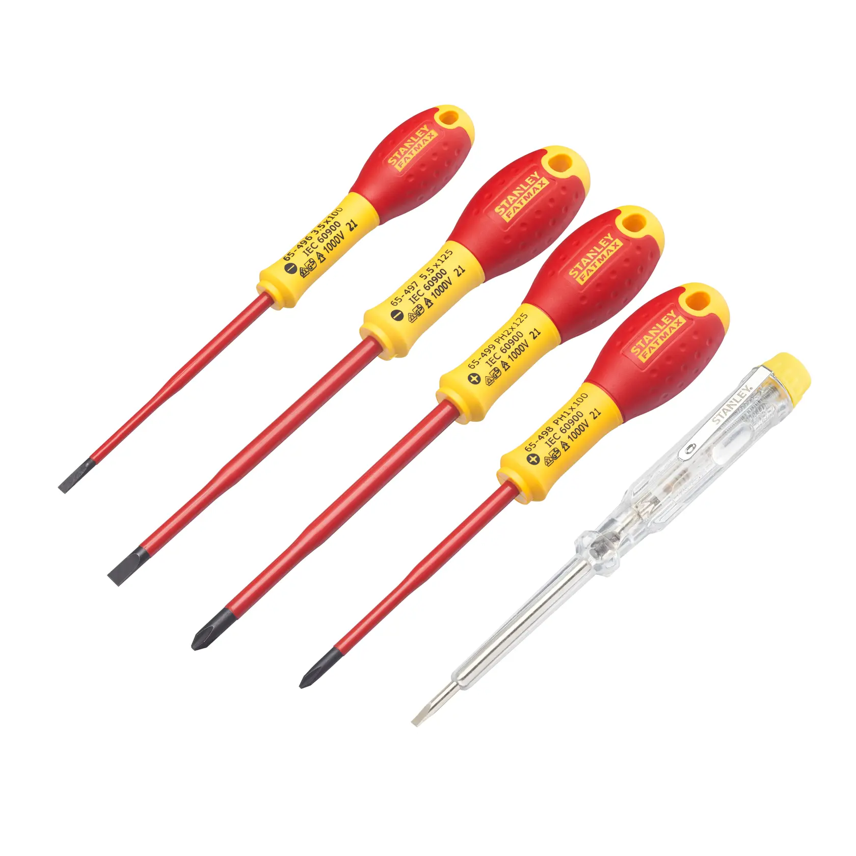 Photo of STANLEY XTHT0-62692 insulated screwdriver set with four red and yellow screwdrivers and one voltage tester, top view.