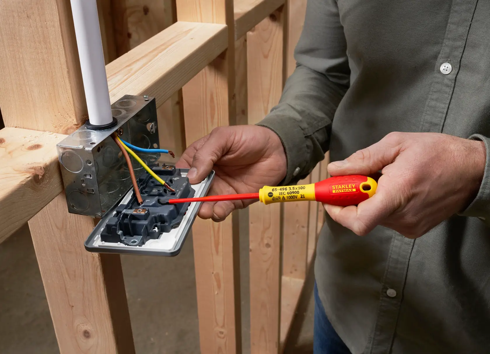 Photo of STANLEY XTHT0-62692 insulated screwdriver in use on electrical outlet wiring, close-up.